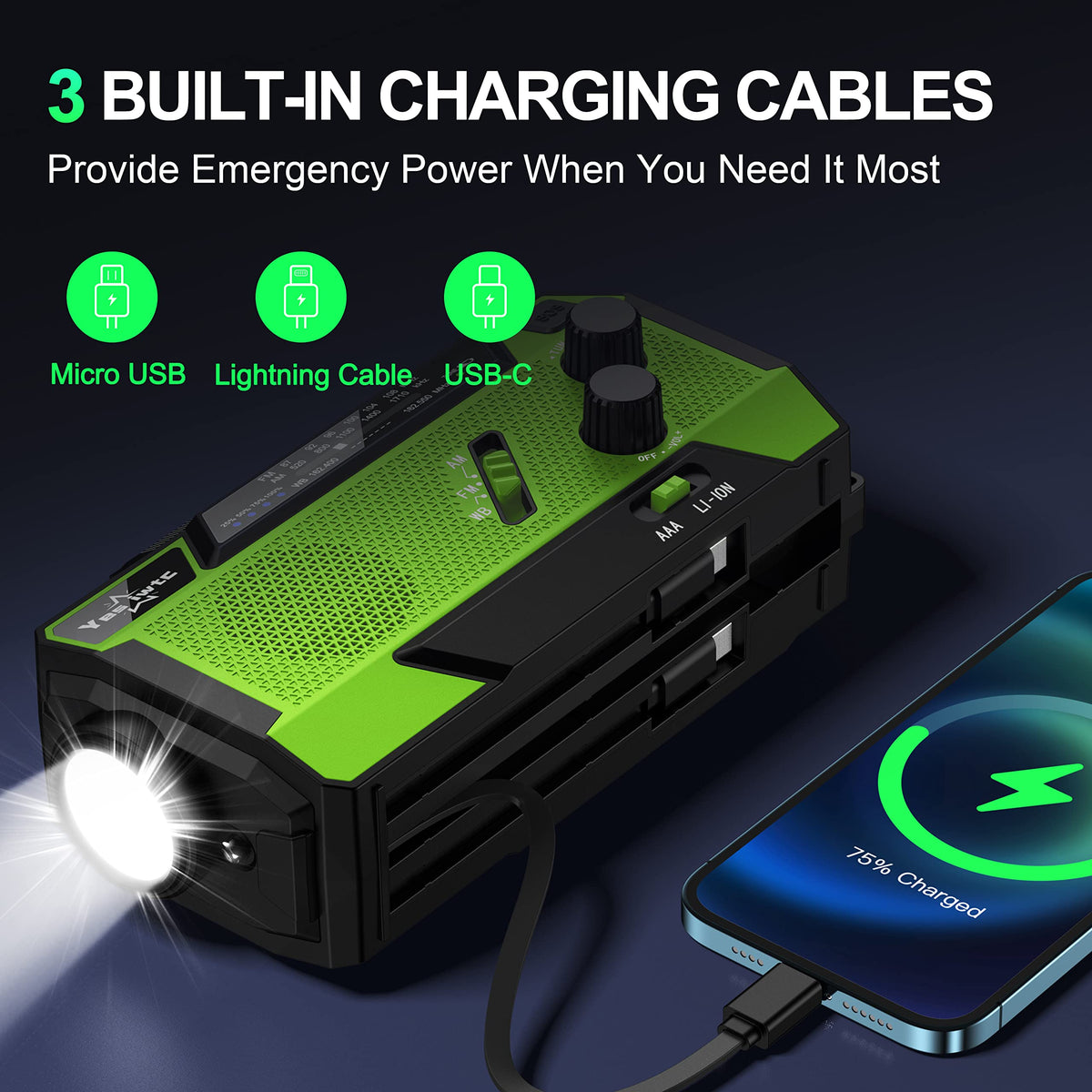 Wind Up Solar Radio, 7400mWh (2000mAh) Solar Powered Radio Emergency Hand Crank Radio with 3 Built-in Cables, Battery Operated, SOS Alarm & Flashlight, Emergency wind up torch for Hurricane, Emergency