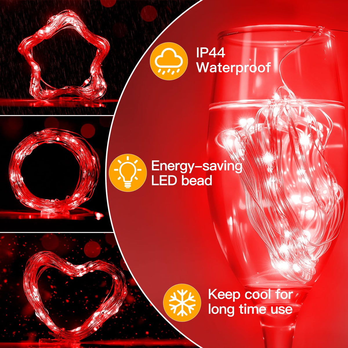 Ollny 10m 100LED Red Fairy Lights Battery Operated,Copper Wire String Light