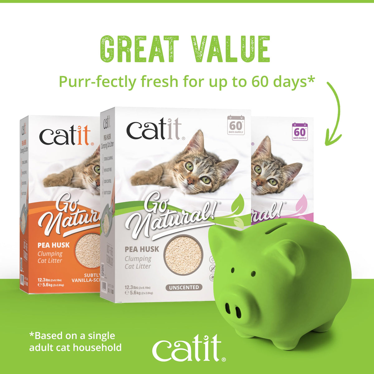 Catit Go Natural Vanilla Scented Pea Husk Clumping Cat Litter, Deodorising, 99.9% Dust-Free, Fast Clumping Cat Litter, Plant-Based Litter for Cats & Kittens, 5.6kg (2 x 2.8kg)