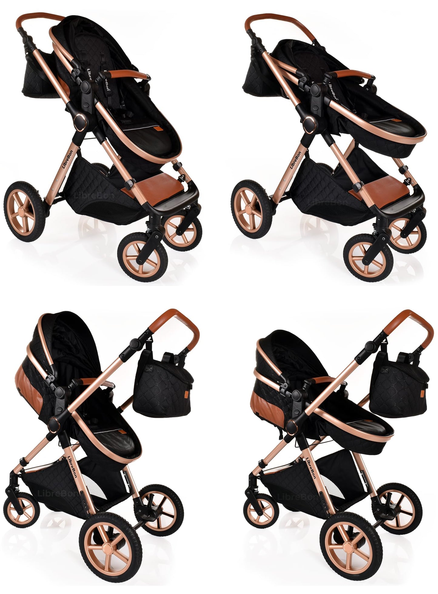 Baby Buggy Pram Pushchair Stroller 3 in 1 Child Lightweight Folding Stroller 3 in 1 Travel System Pram for Newborns & Toddlers from Birth Aluminum (Beige - Rose Gold Frame)