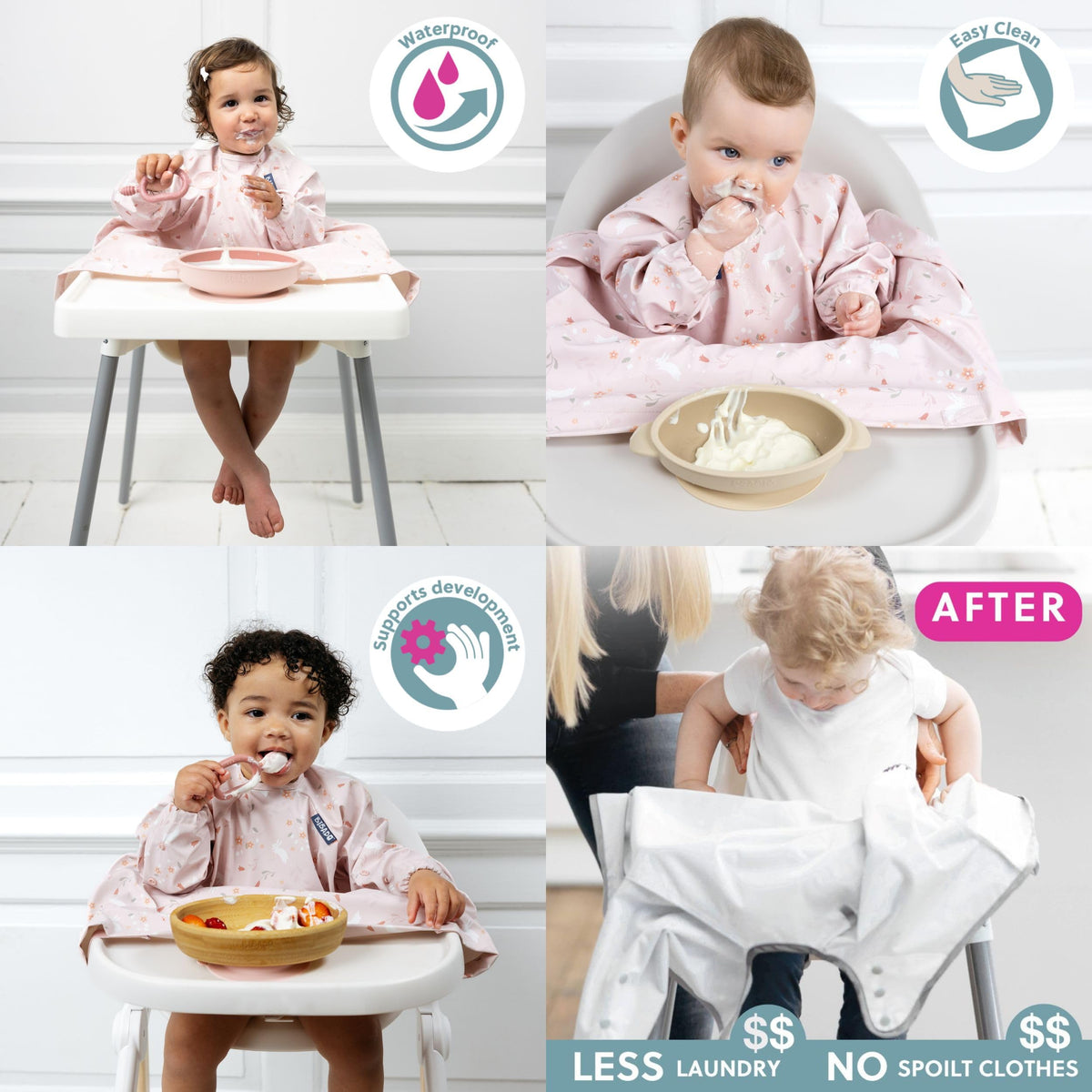 BIBaDO Long Sleeve Baby Bibs - Coverall Weaning Bib with Highchair Strap