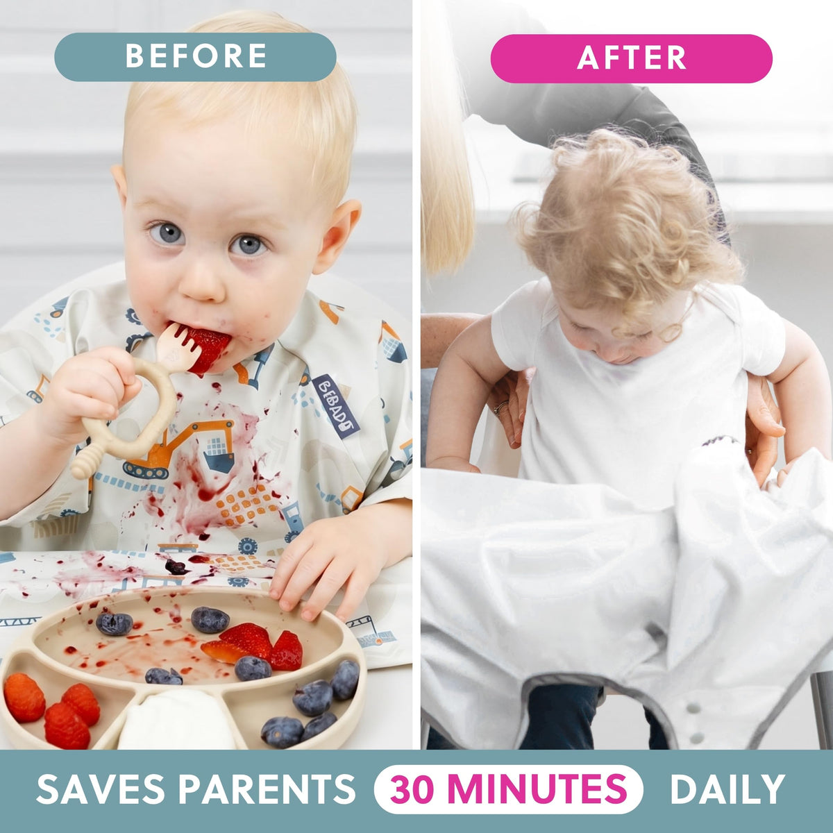 BIBaDO Long Sleeve Baby Bibs - Coverall Weaning Bib with Highchair Strap