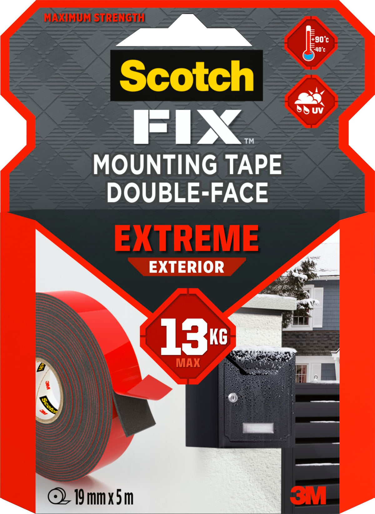 Scotch-Fix Double-Sided Extreme Exterior Mounting Tape, 19mm x 1,5m - For Outdoor Extreme Use, Weather Resistant, Permanent Tape, 100% Adhesive, 3M Advanced Technology - Holds up to 10kg