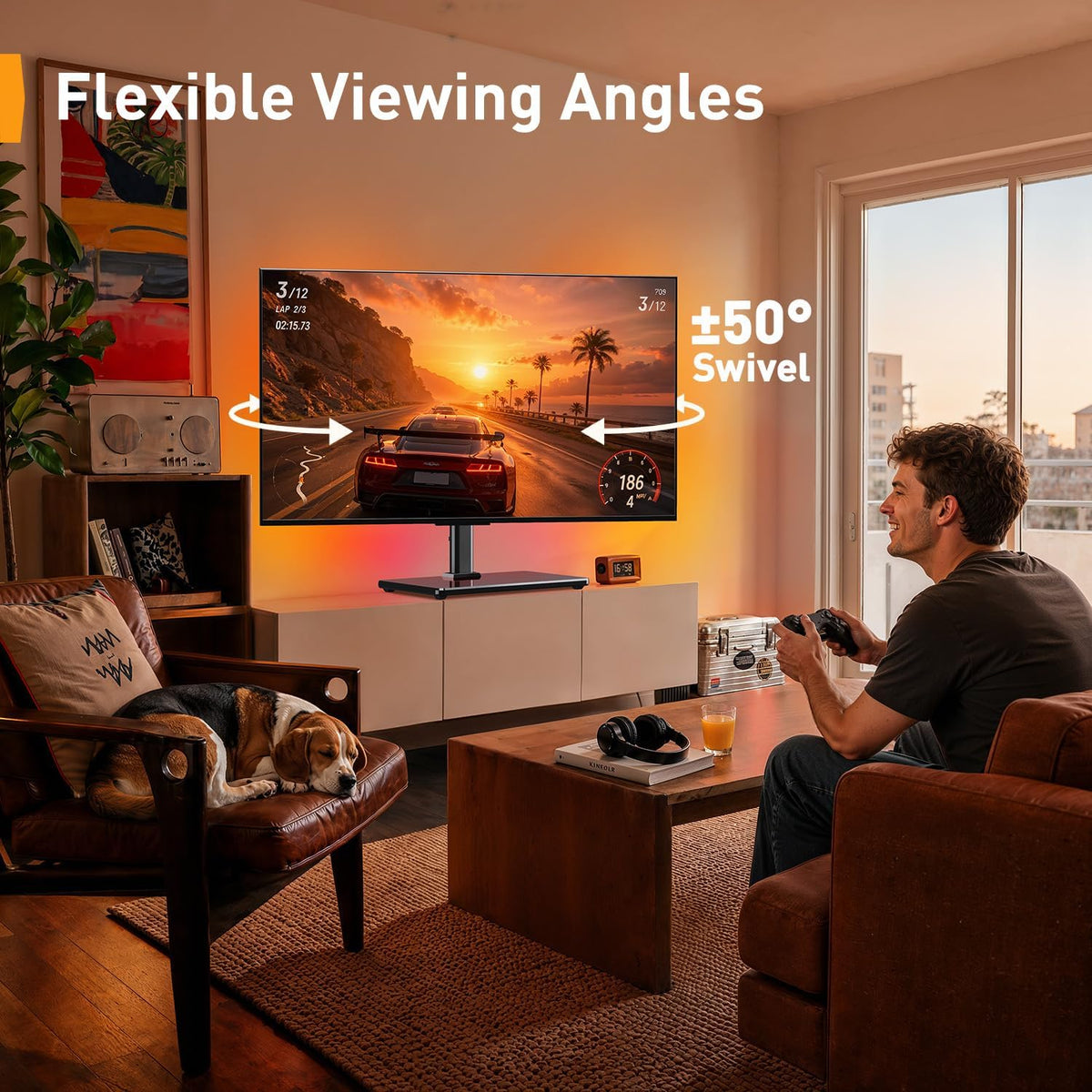 PERLEGEAR Universal TV Stand with LED Lights for 24-60 inch TVs up to 45kg