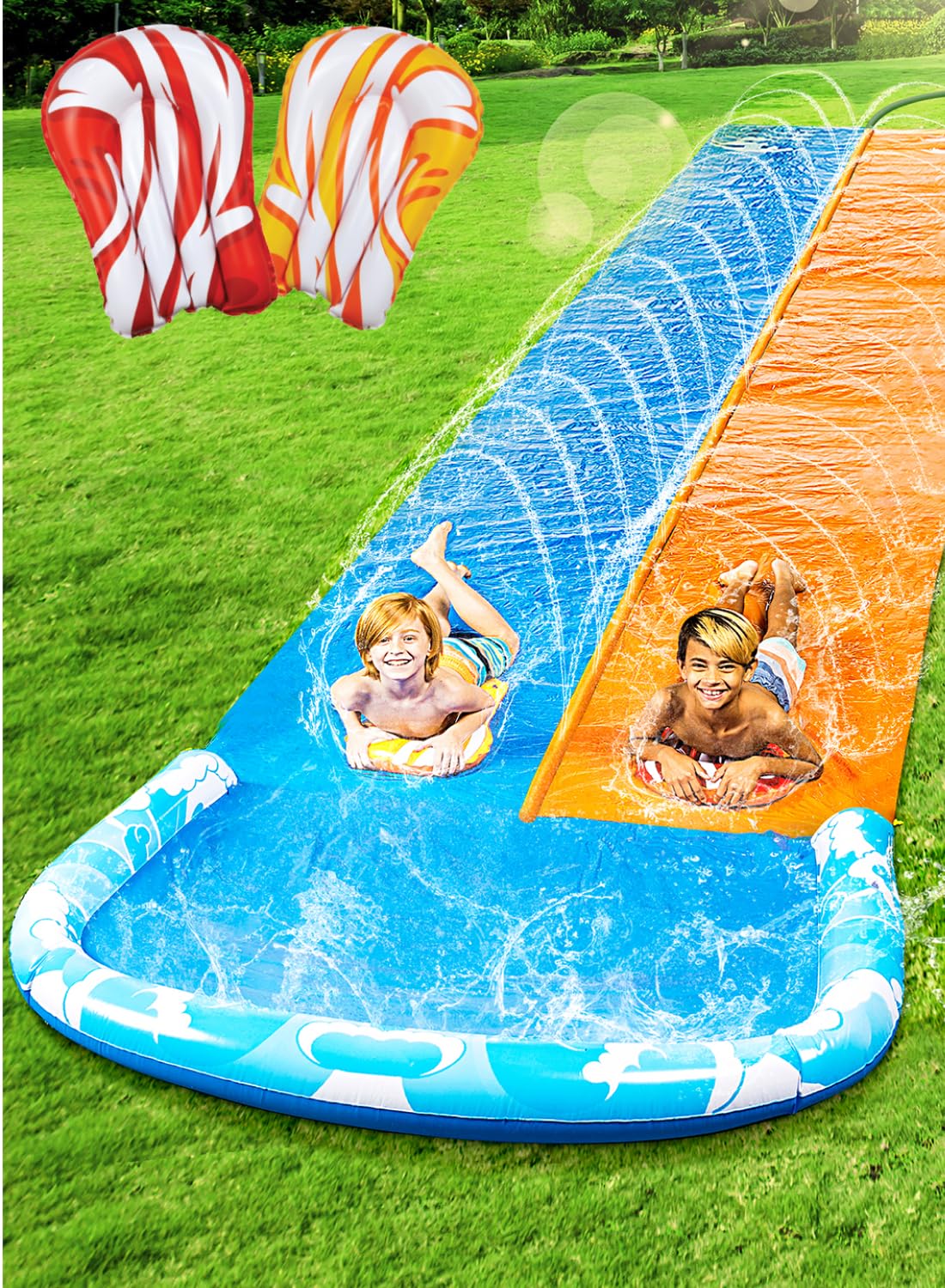 JOYIN 685cm Water Slides and 2 Bodyboards, Lawn Waterslides Summer Water Toy with Build in Sprinkler for Backyard Outdoor Water Fun for Kids Adults