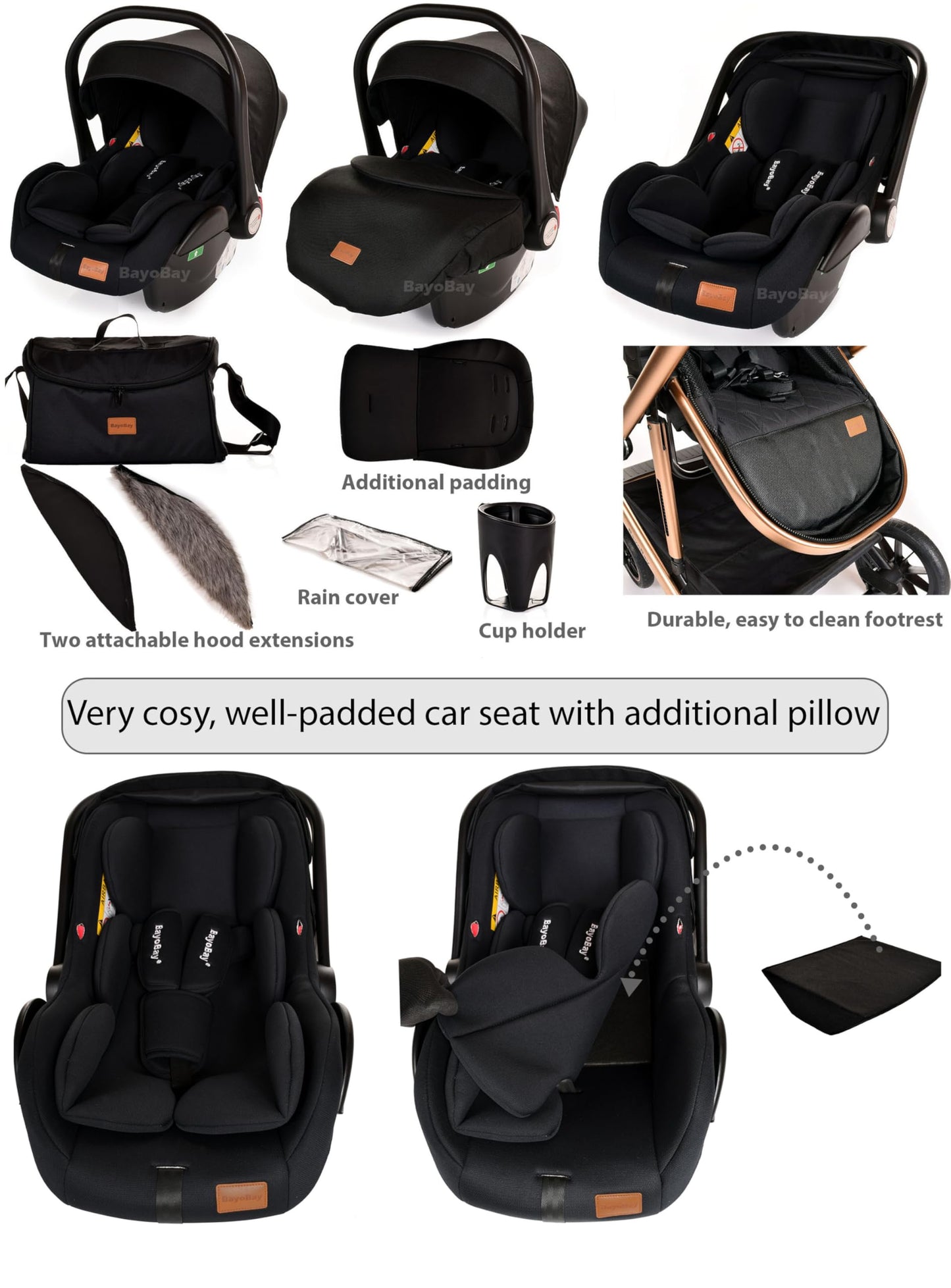 3 in 1 Baby Pram Travel System with Car Seat Lightweight Buggy Foldable Pushchair for Newborn and Toddlers up to 22kg NEW 2025 Style (Black - Gold)