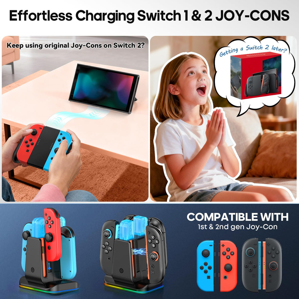 Rysker RGB Switch 2 Controller Charger for Joy-pad 2, 2H Fast Joycon 2 Charging Dock for Any Direction Charging, 9 Light Modes Switch 2 Joycon Charger Station