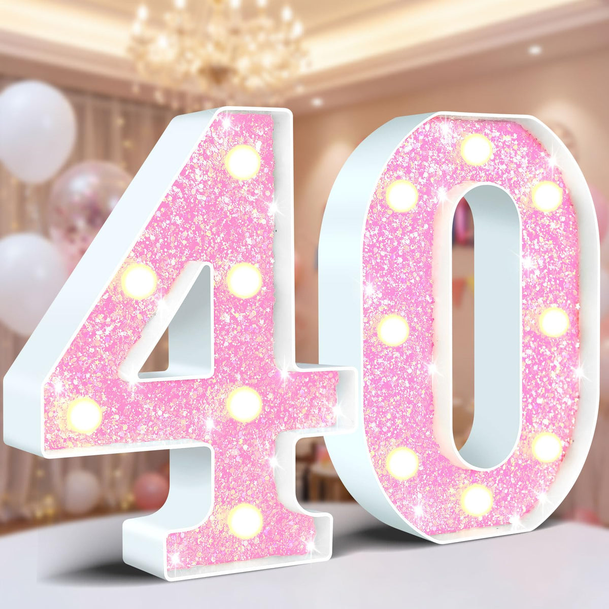 Ledido Pink Glitter Light Up Number 80 for 80th Birthday Decorations