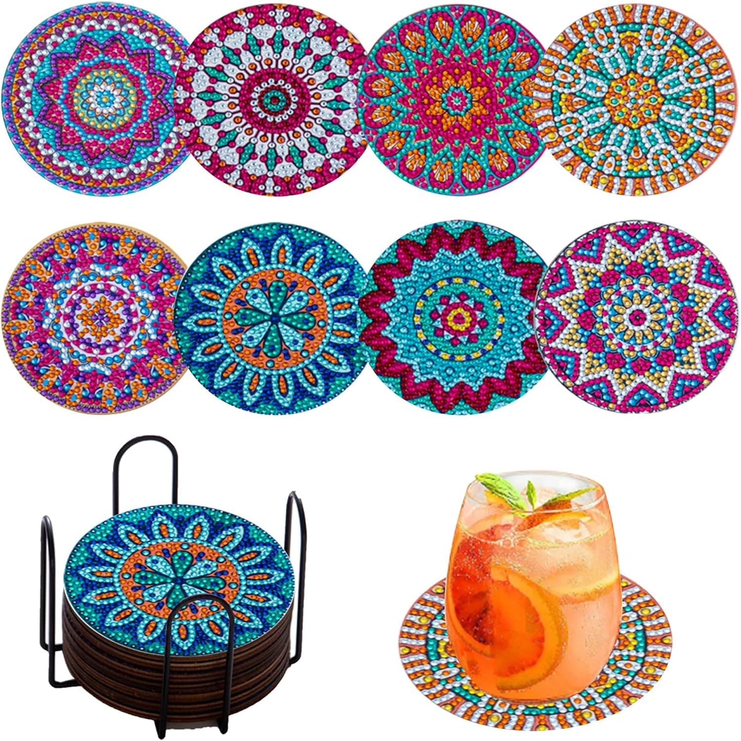 8 Pcs Flowers Diamond Art Coasters Kits for Adults Begainners,Full Drill Diamond Painting Coasters Kit with Holder,DIY Gem Painting Craft Kits for Adults Supplies Gift (Flowers).