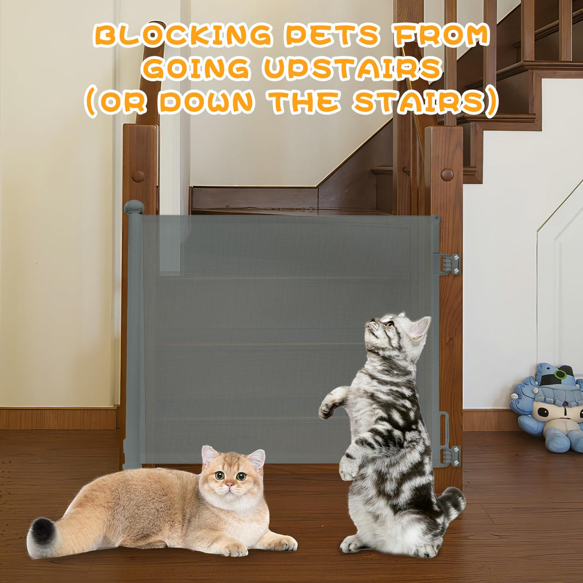 Rainberg Retractable Stair Gate for Baby & Pet with Secure 2-Step Lock 150cm Wide & 80cm Tall, One Hand Operated Baby Gate, Child Safety Gate for Doorways Stairs, Hallways, Kitchen (Grey)