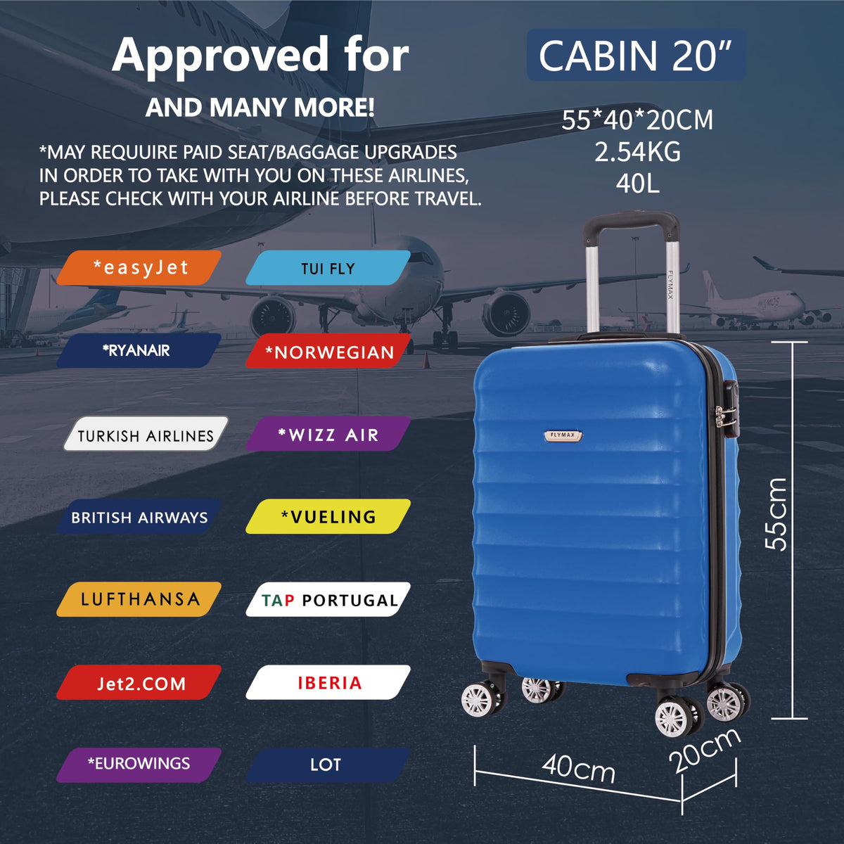 FLYMAX 55x40x20 Ryanair Cabin Bag Hand Luggage Lightweight Suitcase Approved Carry on Luggage Case 2.5KG 40L Royal
