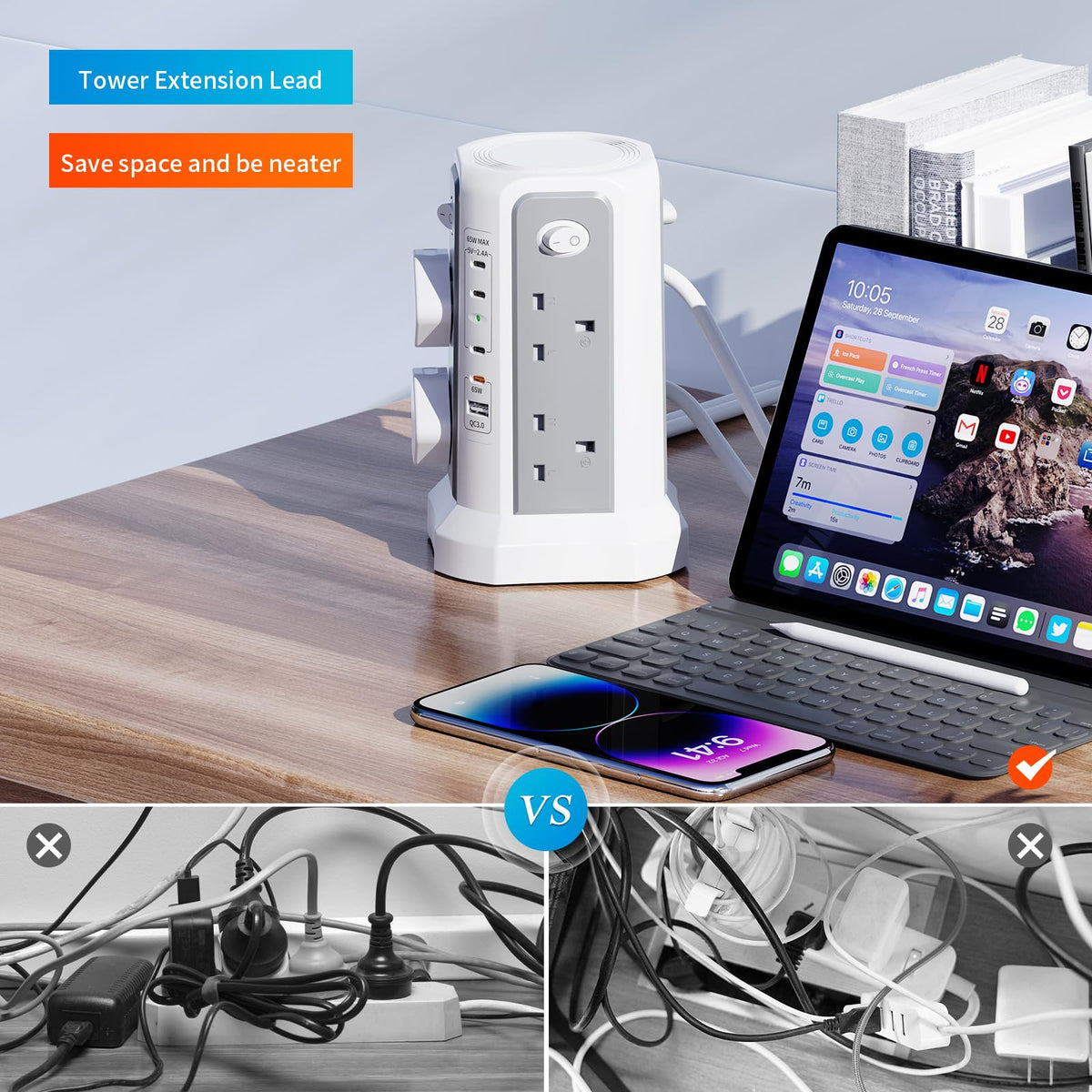 HAFINO Tower Extension Lead 3M with USB Slots and Night Light, 4 Switches