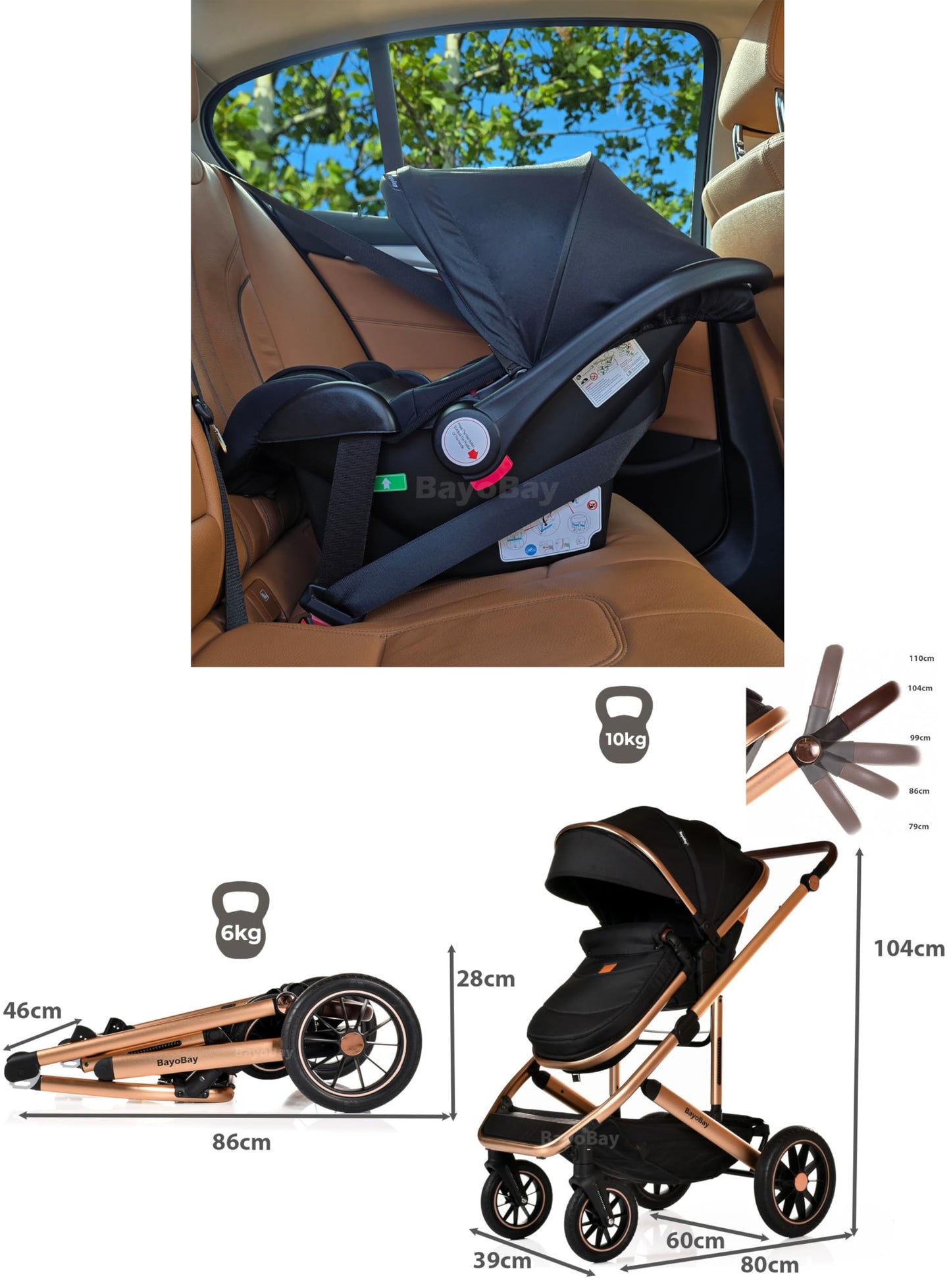 3 in 1 Baby Pram Travel System with Car Seat Lightweight Buggy Foldable Pushchair for Newborn and Toddlers up to 22kg NEW 2025 Style (Black - Gold)