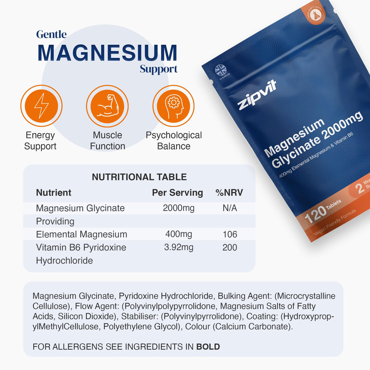Zipvit Magnesium Glycinate 2000mg with Vitamin B6, 120 Tablets - Vegan