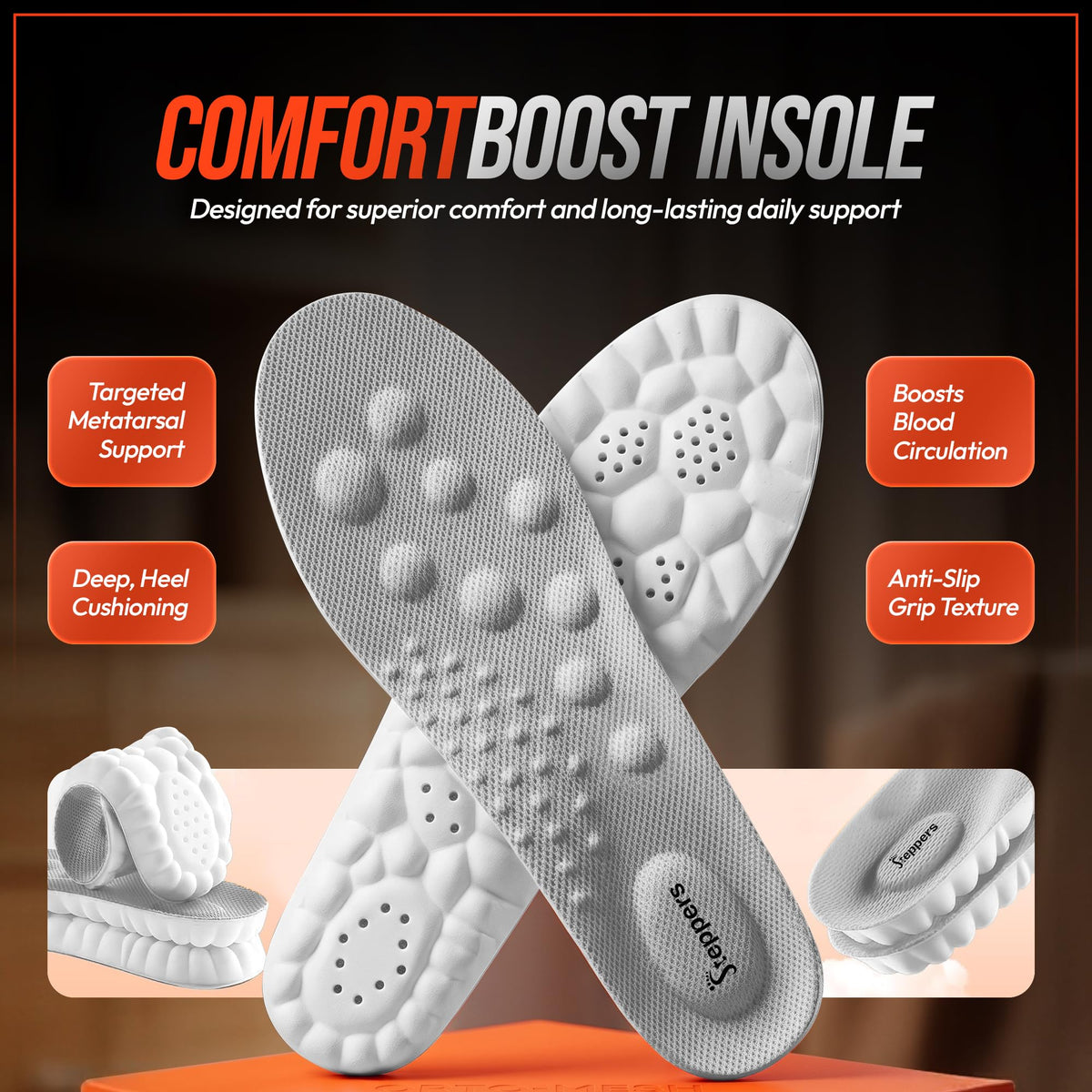 Original Steppers Insoles, 2026 4D Steppers Comfort Boosting Massage Insole, Memory Foam Thermal Insoles, Comfy Insole with Arch Support for Men and Women (Black, Small (EU 39-40))
