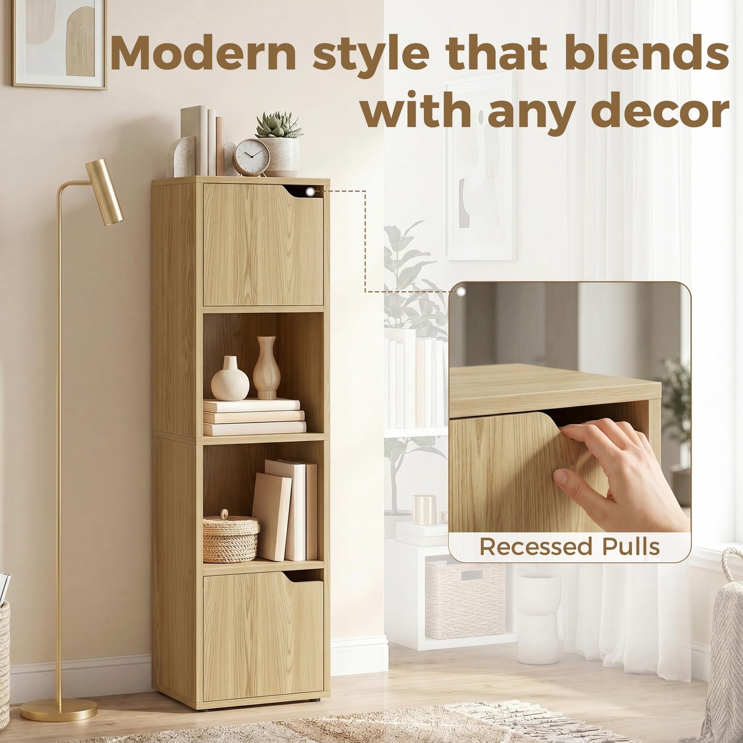 HOMCOM Bookcase with 2 Cabinets and Doors, 4-Tier Bookshelf, Storage Cabinet with Open Shelves and Anti-Tipping Design, for Living Room, Bedroom, Home Office, White