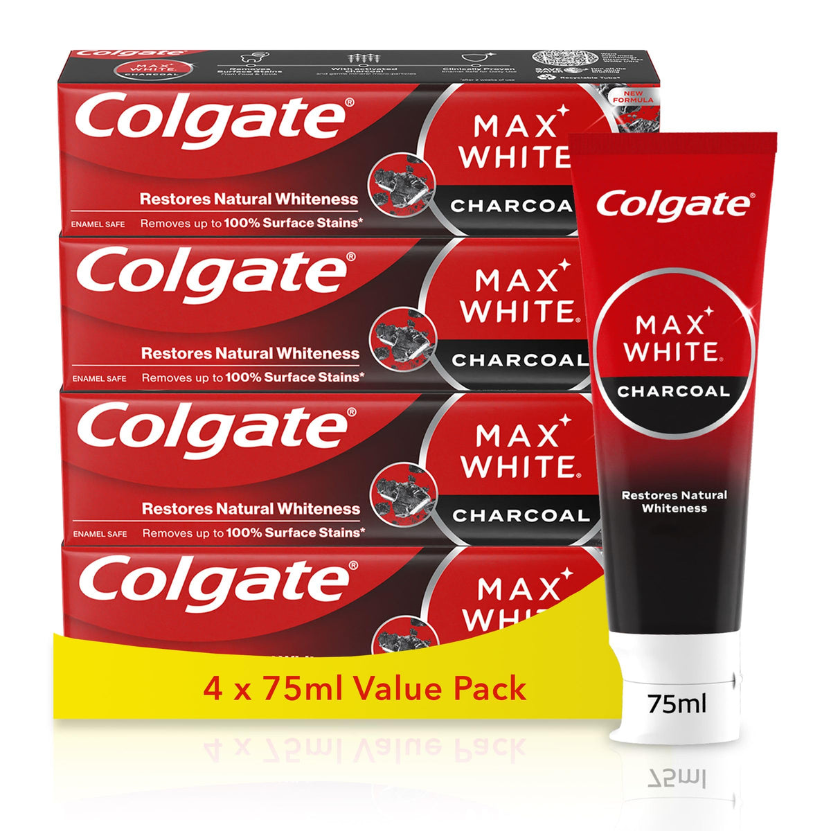 Colgate Max White Purple Reveal Teeth Whitening Toothpaste - Clinically Proven to Remove up to 100% of Surface Stains** - Fluoride Toothpaste - Colgate Multipack - 4 X 75ml