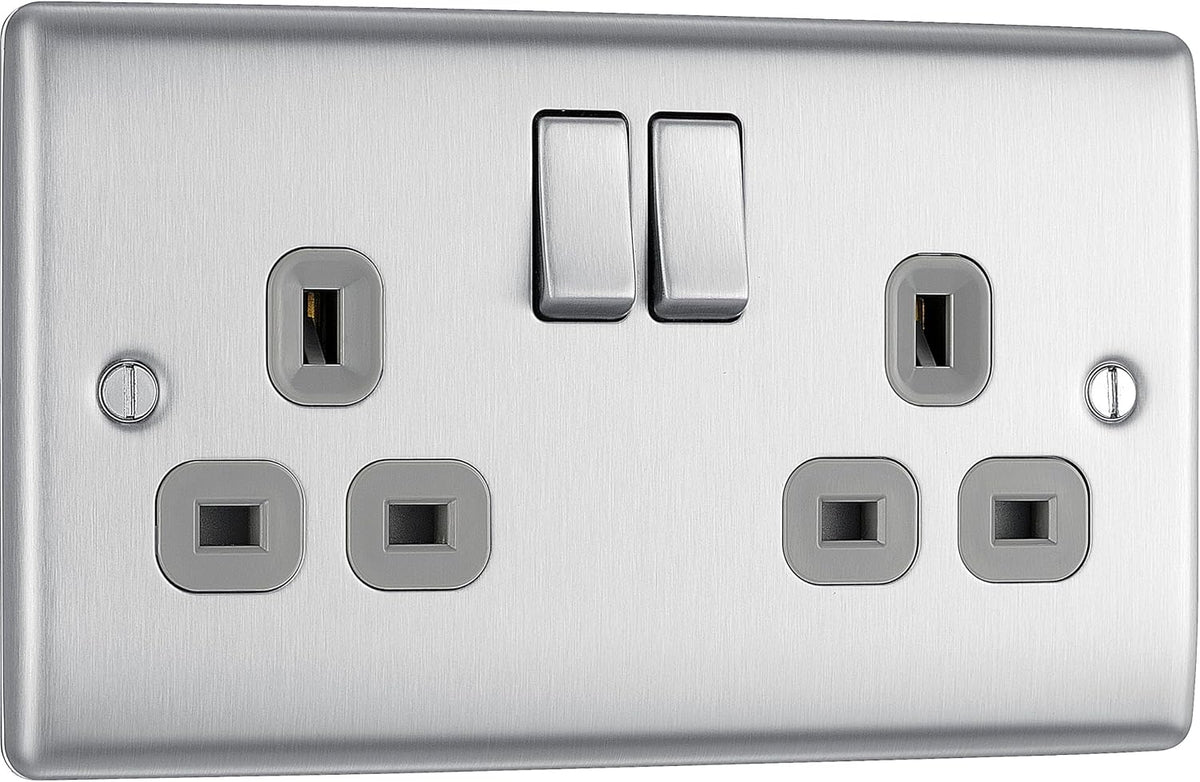 BG Electrical Double Switched Power Plug Wall Socket, Nexus Metal, Brushed Steel, Grey Inserts, 13A, NBS22G