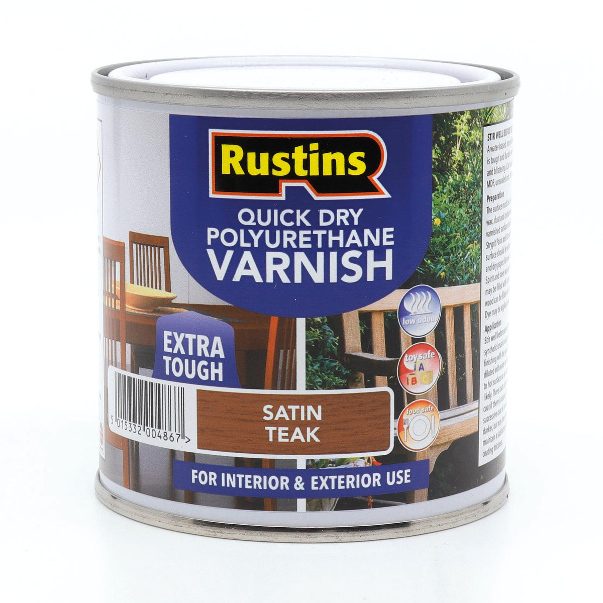 RustinsQuick Dry Poly Varnish Satin Clear 500ml -Tough, Water-Based Clear Finish in Gloss, Matt or Satin; Durable Protection for Interior Wood, Furniture and Floors
