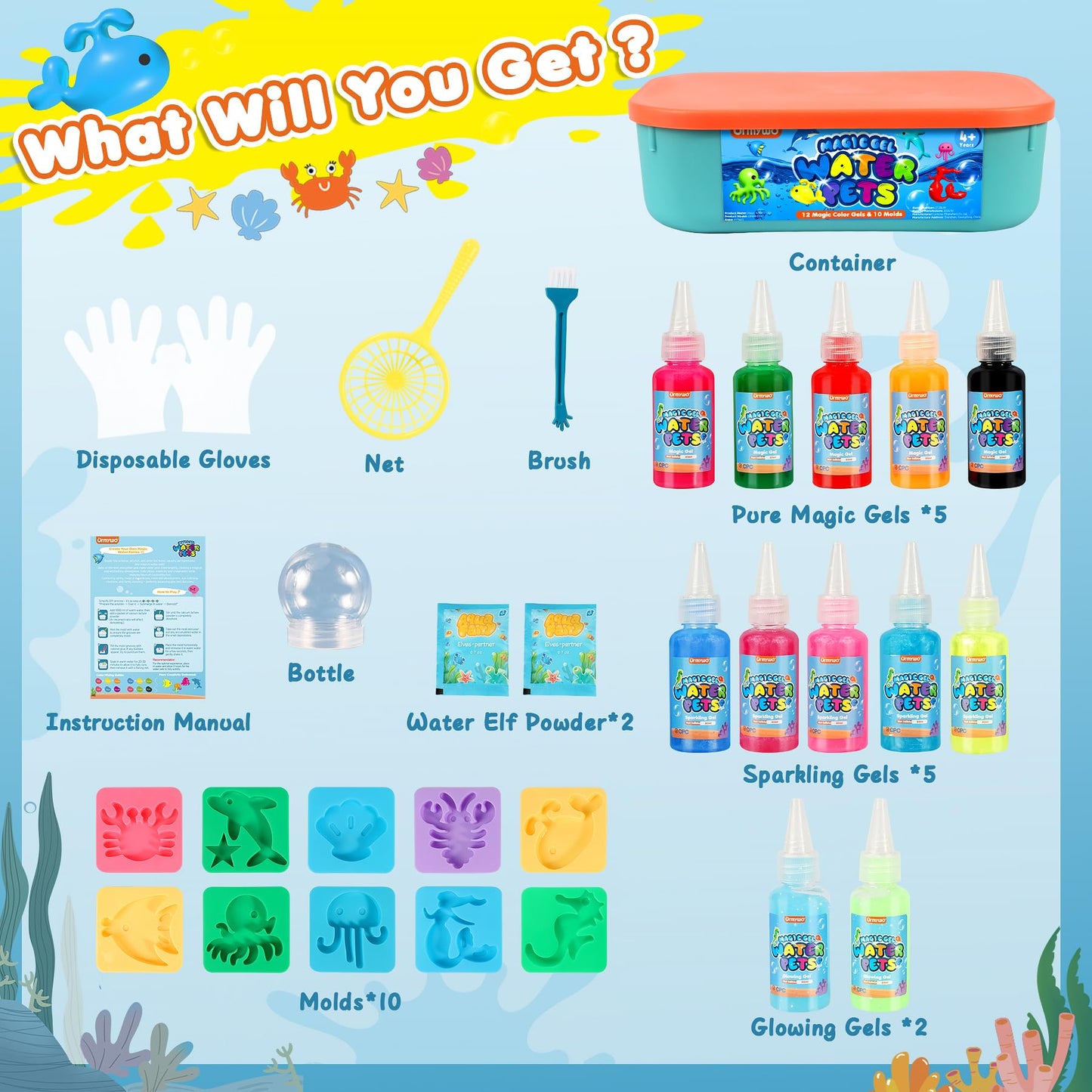 URMYWO Magic Water Elf Toy Kit, DIY 3D Magic Gel Pet Toy Set, 12 Gels & 10 Molds,Easter Gifts Craft & Art Kits for Kids 4 5 6 7 8 9 10 Years Old Mermaid Theme