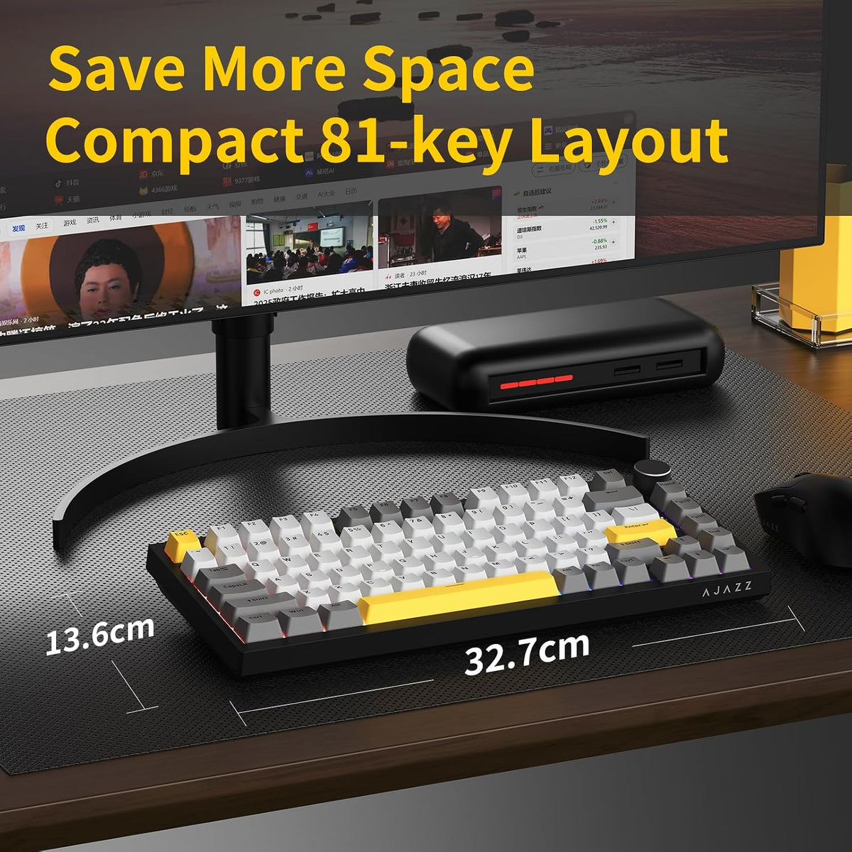 AJAZZ AK820 Wired Mechanical Keyboard, 75% Gaming Keyboard with Volume Control Knob, PBT Keycaps, 82 Keys, Five-Layer Sound Insulation Pad, South-Oriented RGB, Full-Key Hot Swap, Black Grey Yellow