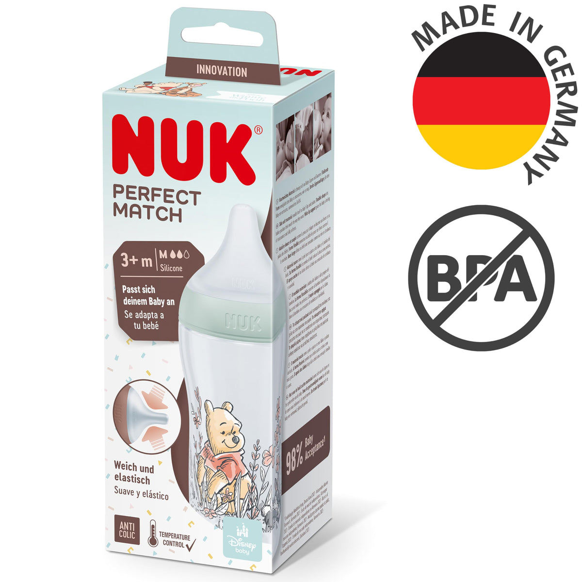 NUK Perfect Match Newborn Baby Bottle Set | 0+ Months | 150ml | Anti Colic Feeding Bottle | PP | Temperature Control Indicator | Rainbow | 4 Count