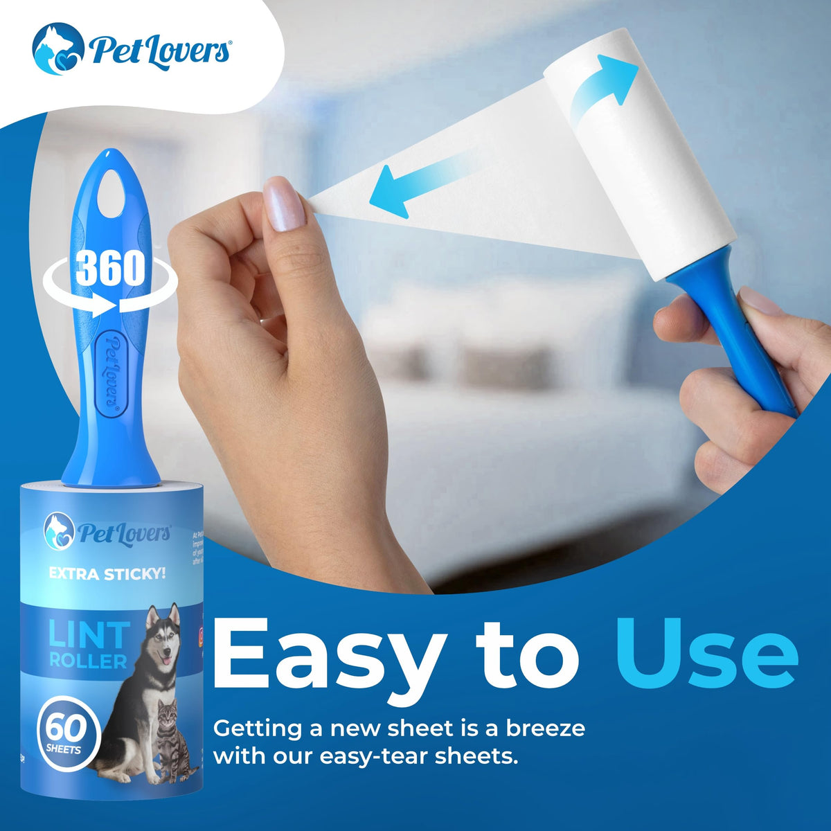 PetLovers Extra Sticky Lint Roller Mega Value Set 450 Sheets for Pet Hair Removal Dog and Cat Lint Remover 5 Pack