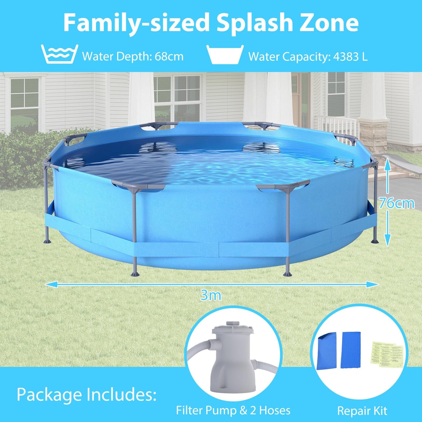 COSTWAY Above Ground Swimming Pool, Outdoor Round/Rectangular Large Framed Pool Set, Metal Frame Garden Family Pools for Kids and Adults (Gray, 300 x 207 x 66 cm, Rectangular)