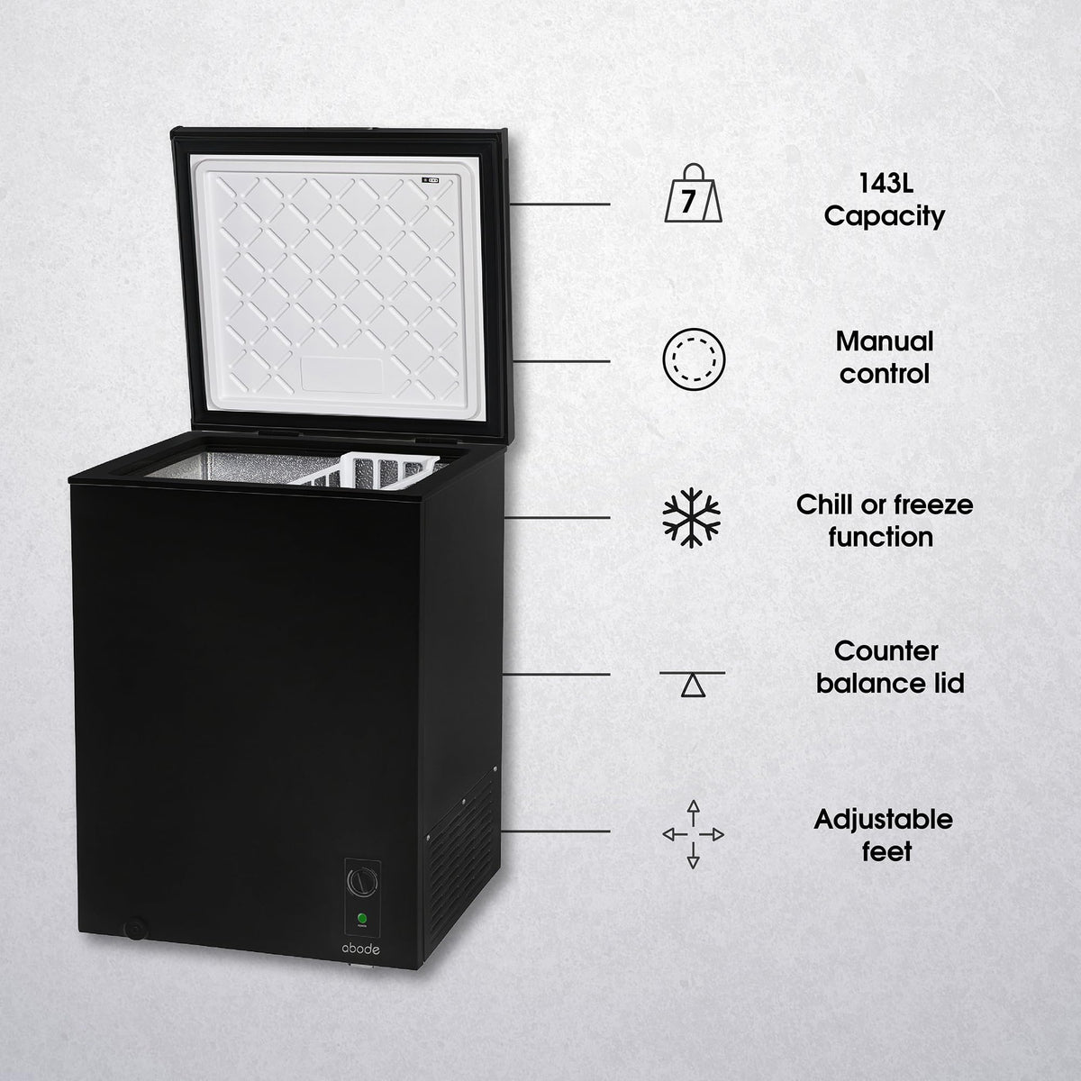Abode Freestanding White Chest Freezer 99L with Removable Wire Basket & Counter Balance Lid, Adjustable Thermostat, 4 Star Freezer, Suitable for Garages & Outbuildings A99CF0E1W