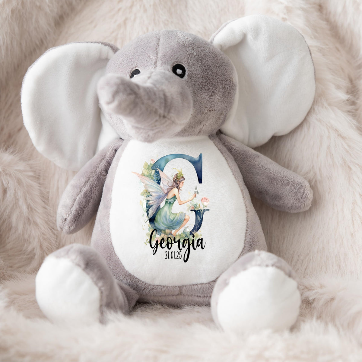 Crafted Memories - Personalised Teddy | Velveteen Bunny Soft Toy | Customisable Name for Newborns | Keepsake for Boys & Girls | Baby Shower Item | Pink Initial | Grey or White, 20-23cm