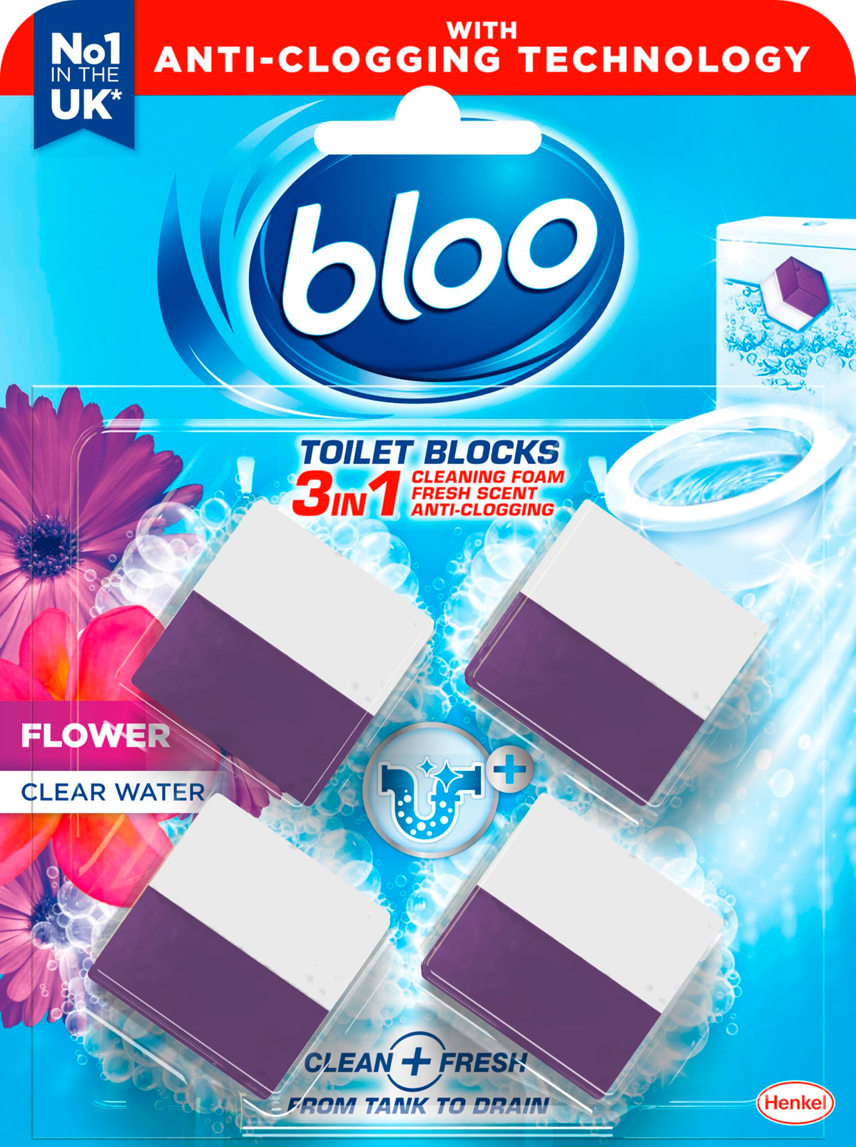Bloo New 3in1 Toilet Blocks, Pack of 2, Toilet Limescale Remover Cistern Block, Toilet Cleaner Block with Cleaning and Foaming Action, Toilet Fresheners - Limescale Prevention