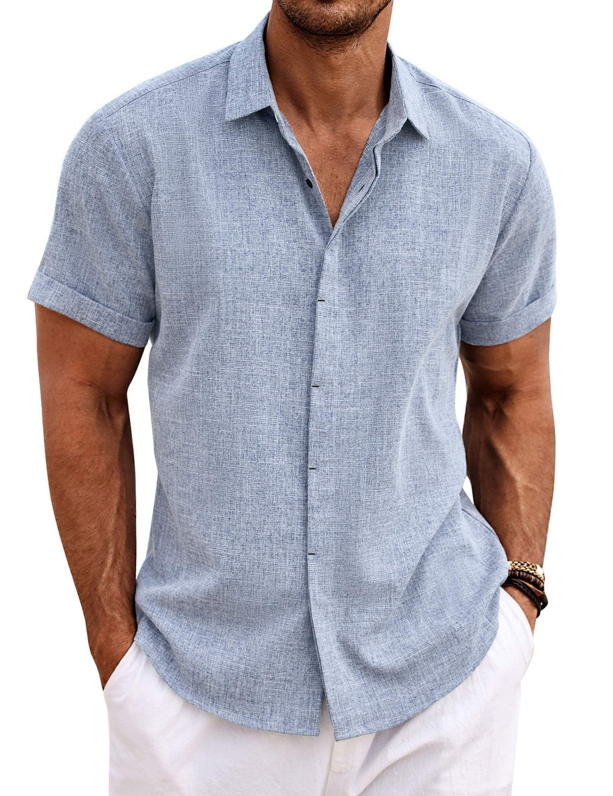 COOFANDY Mens Linen Shirts Short Sleeved Summer Regular Fit Button Down Hawaiian Holiday Tops