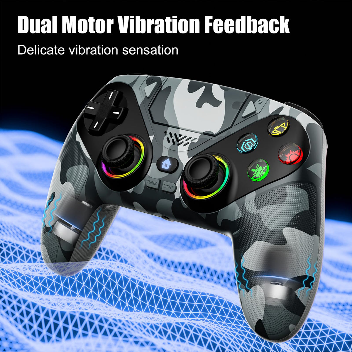 Dinosoo RGB Wireless Controller for PS5/Pro/Slim & PCs, Bluetooth Gamepad with Back Buttons, Touchpad, Macro, Turbo, Dual Vibration, 6-Axis Sensor, Speaker, 3.5mm Audio Jack,White