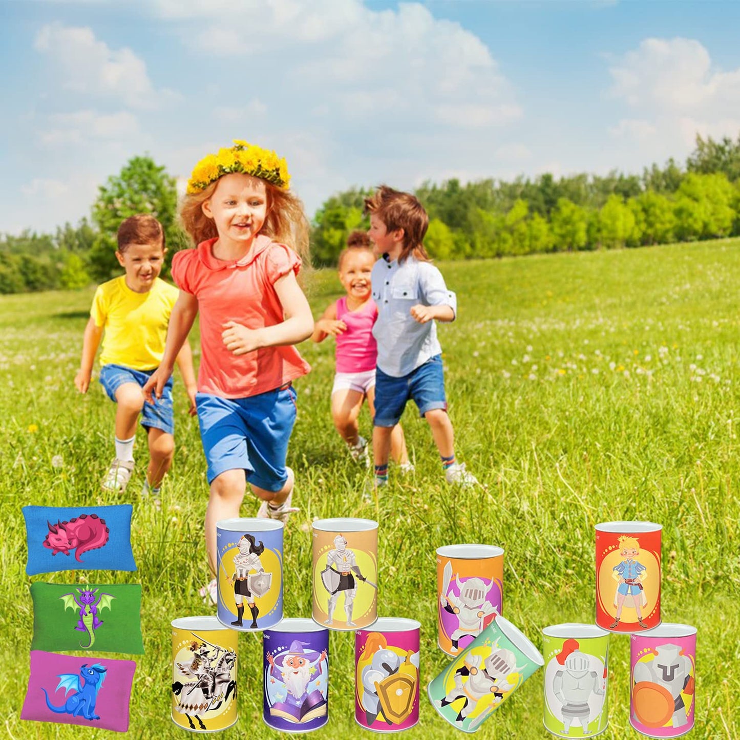 Tin Can Alley Game, Outdoor Garden Target Shooting Fairground Games for Kids & Children, Garden Party Toys Gift for Boys & Girls: 10pcs Fun Smile Knock Down Tin Cans and 3pcs Beanbags