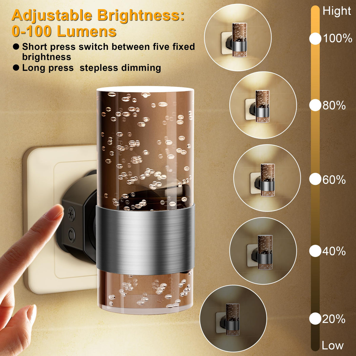 Night Light Plug in Wall with Dusk to Dawn Sensor Modern 2 Pack Gold