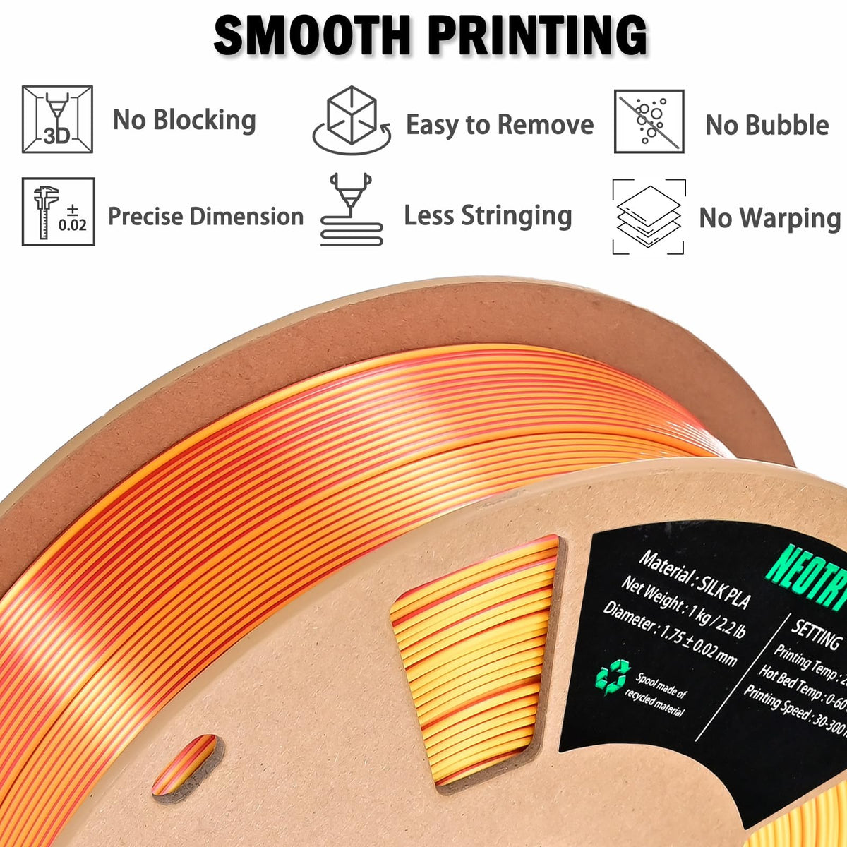 Silk Tri Colour PLA Filament 1.75mm 1kg, Multicolor 3D Printer Filament, Filament 3D Printing Materials for Most FDM 3D Printer, Silk PLA Red Yellow Blue, Rainbow PLA Filament 1.75mm ± 0.02