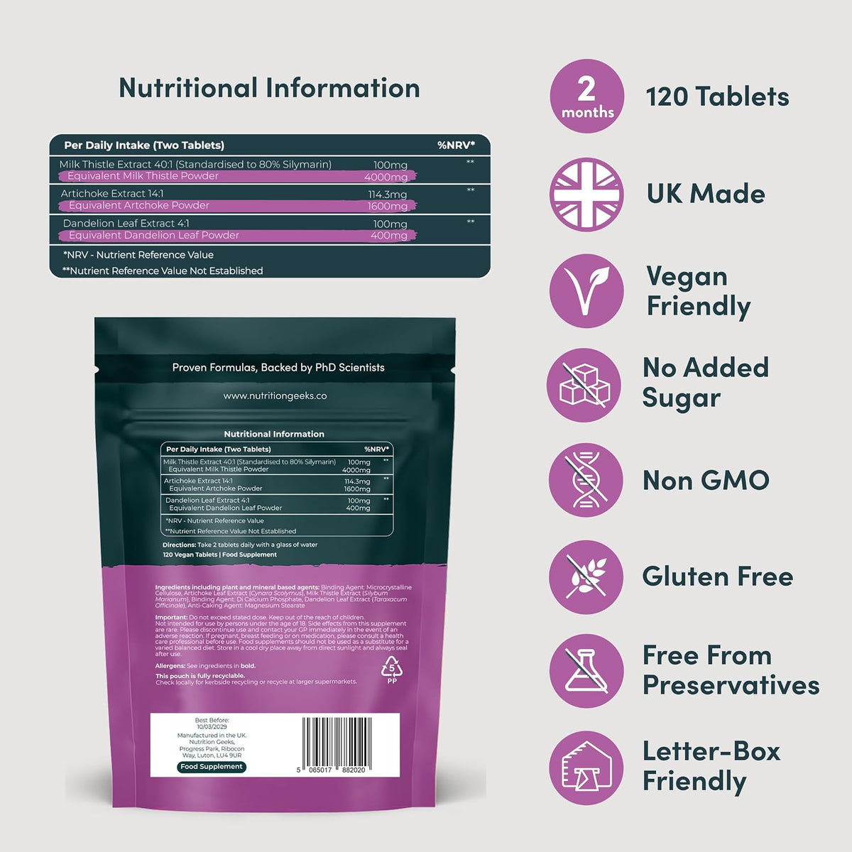 Milk Thistle Tablets 3-in-1 Complex - 120 Tablets (2 Month Supply) - 100mg Extract 80% Silymarin with Artichoke & Dandelion Leaf (Not Milk Thistle Capsules or Tincture) - Vegan - UK Made Supplement