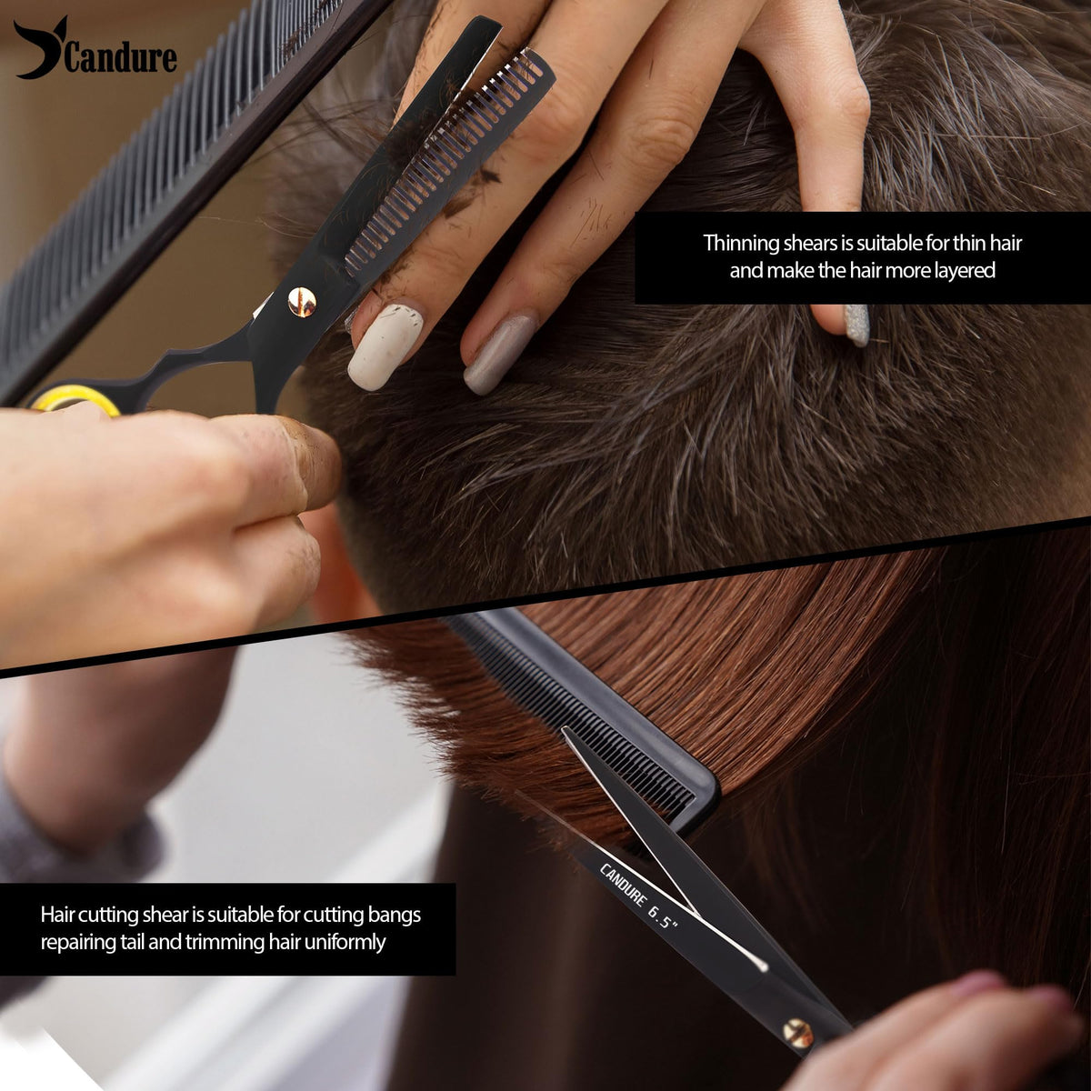 Candure Hairdressing Scissor with Comb & Leather Pouch 6.5" - Hair Scissor for Professional Hairdressers, Barbers Stainless Steel Hair Cutting Shears for Salon, Men, Women, Children and Adults Black