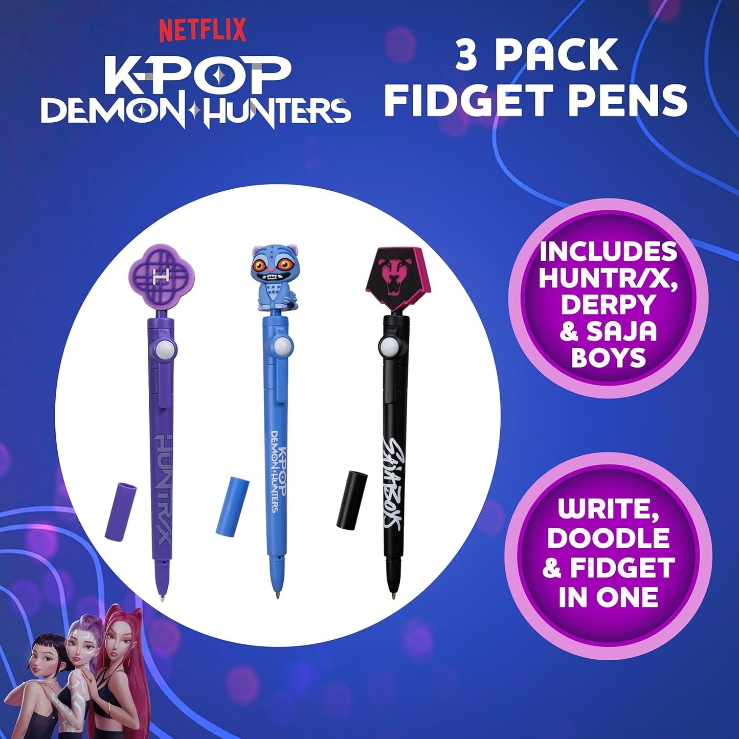 KPop Demon Hunters Fidget Pen Set (Pack of 3) – Official Merchandise – Saja Boys, Derpy & Huntr/x 18cm Black Ink Pens – Soft Touch Sensory Ball-Joint Fidget Toys – K-Pop Stationery Gift Set