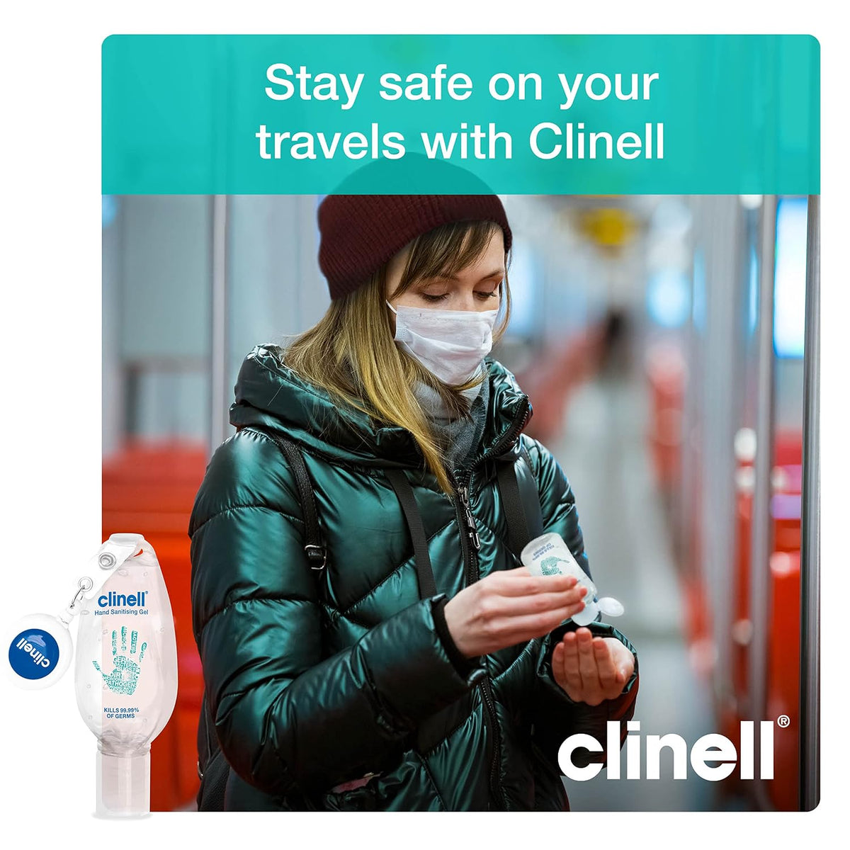 Clinell Hand Sanitiser Gel with Retractable Clip - 50 ml - Dermatologically Tested, Kills 99.99% of Germs, Moisturising, Quick Action, Kind to Skin, No Stickiness