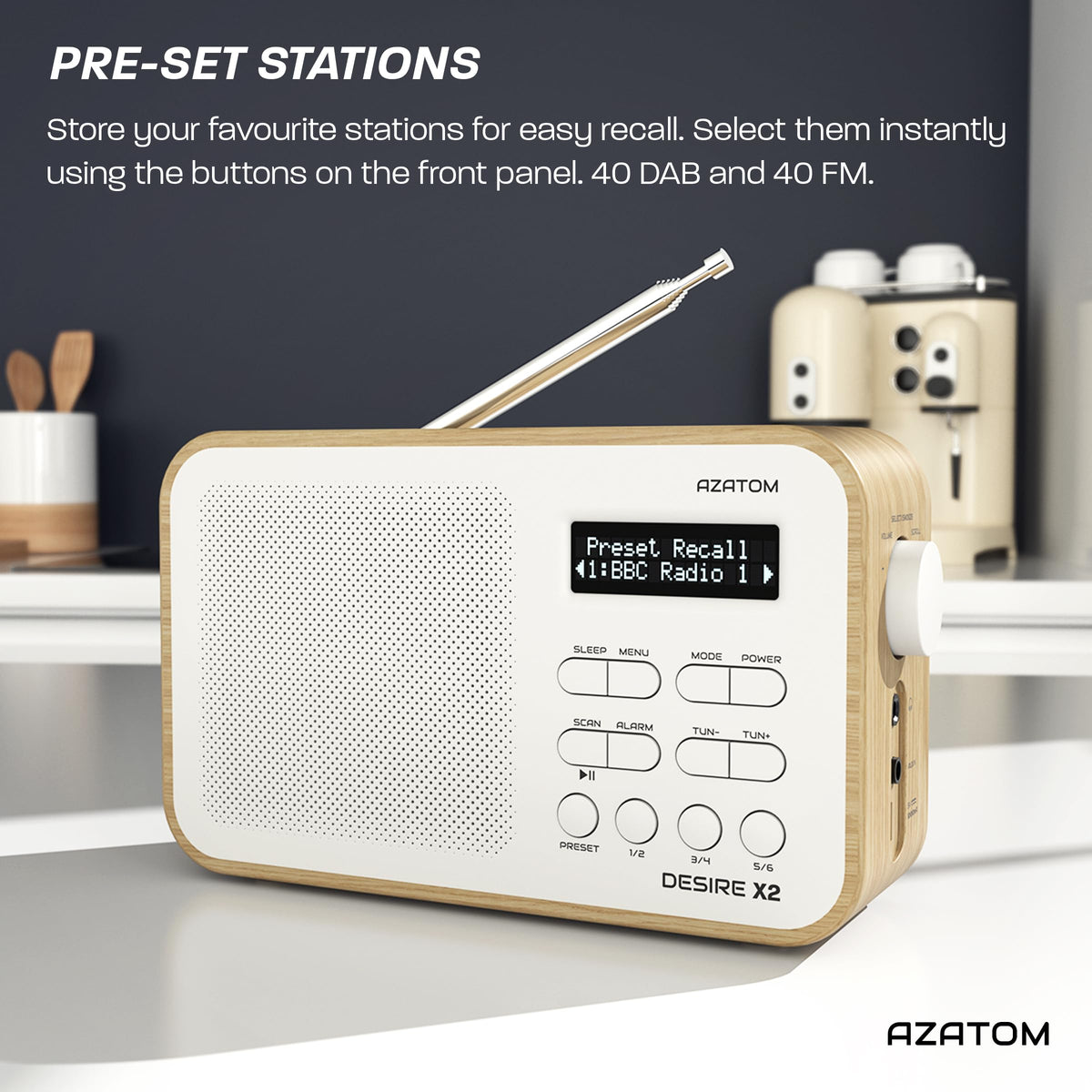 DAB/DAB+ & FM Portable Digital Radio | Simple Controls | Dual Alarms & Sleep Timer | Battery & Mains Powered (4x”AA”) | Bluetooth | Perfect for Home, Office or Outdoors | AZATOM Desire X2 (Black)