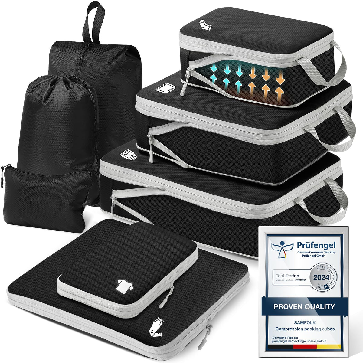 Samfolk Compression Packing Cubes for Suitcases Packing Cubes Compression Set Waterproof Suitcase Organiser Bags for Travel Suitcase Luggage Packing Organizer Bags Travel Essentials Black 8 Set