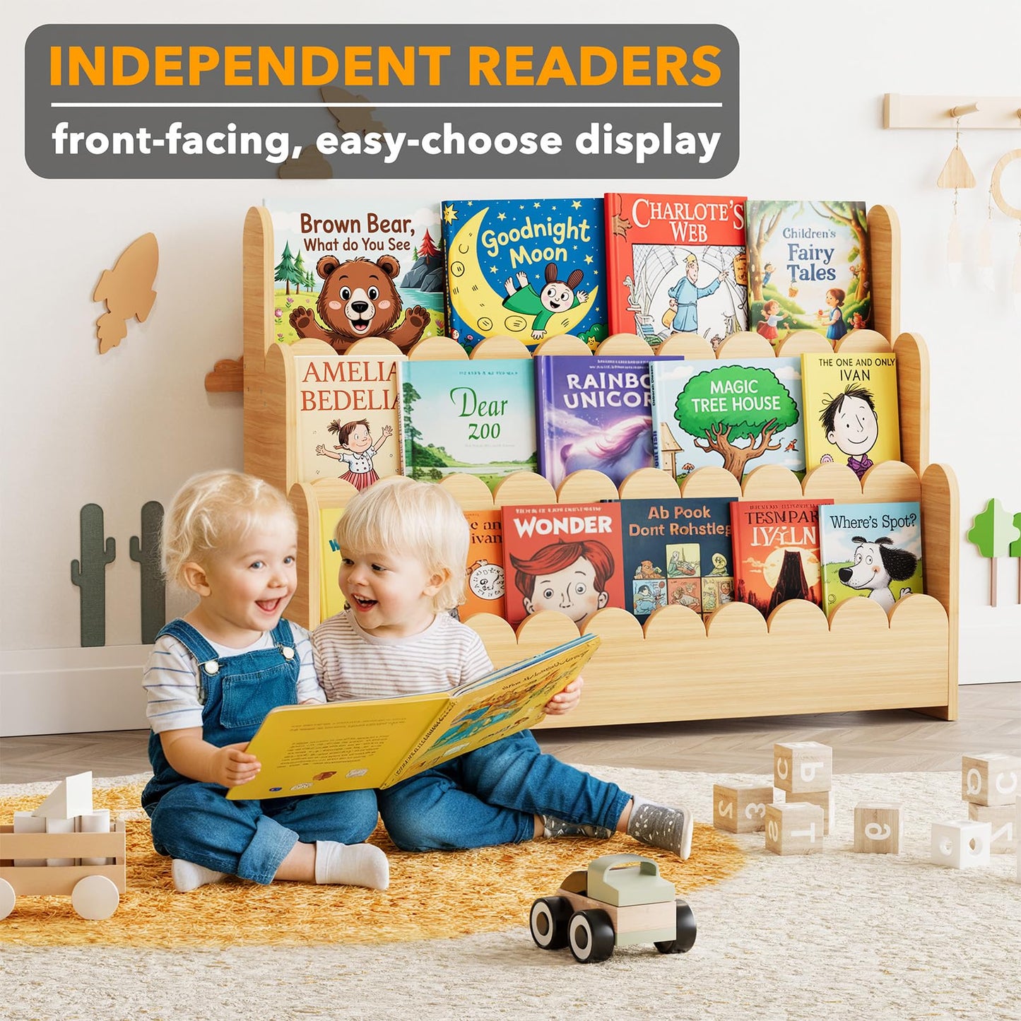 SpaceAid 3-Tier Scalloped Bookshelf, Montessori Bookcase for Toddlers, Wooden Book Shelf Organizer Display Furniture for Kids Rooms, Playroom, Nursery and Classroom, Natural