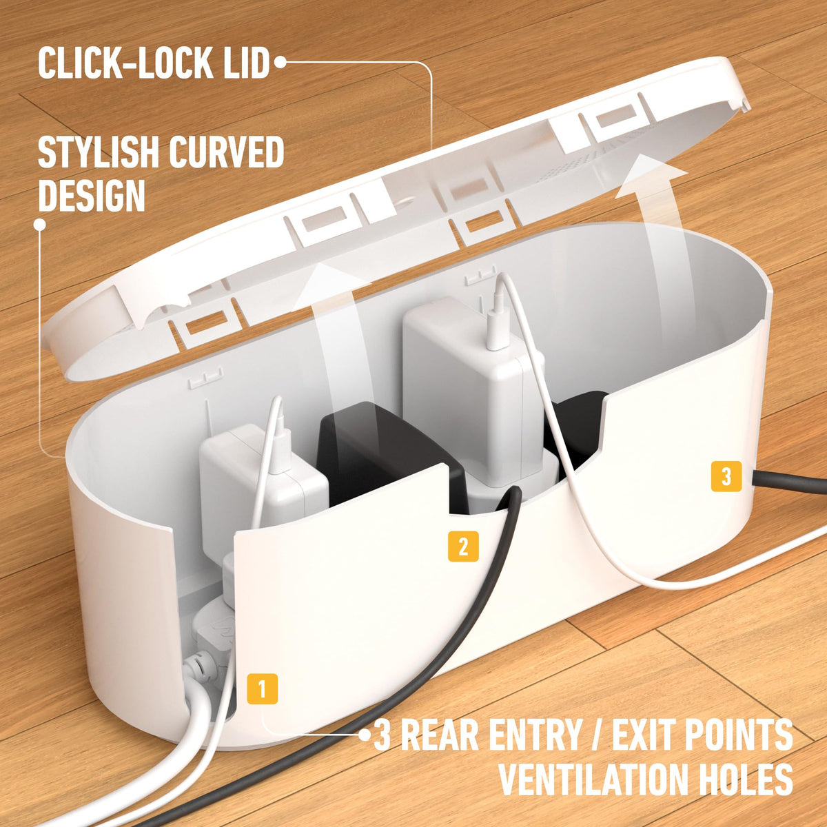 D-Line Cable Tidy Box, Hide & Conceal Extension Blocks, Desk Cable Management Solution, TV Wire Tidy, Made from Electrically Safe ABS Material - 325mm (L) x 125mm (W) 115mm (H) - Small, White