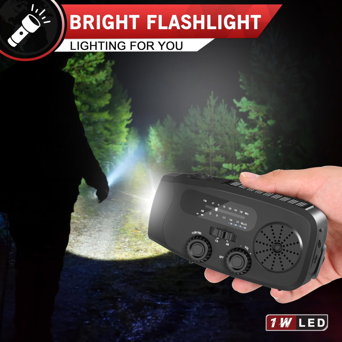 Wind Up Solar Radio, 7400mWh (2000mAh) Solar Powered Radio Emergency Hand Crank Radio with 3 Built-in Cables, Battery Operated, SOS Alarm & Flashlight, Emergency wind up torch for Hurricane, Emergency