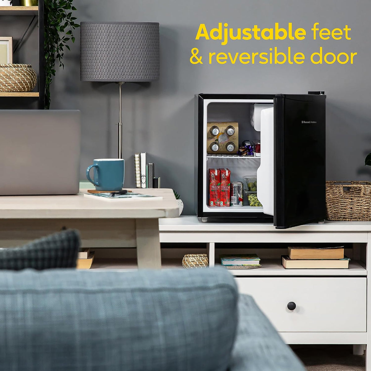 Russell Hobbs Table Top Larder Mini Fridge 43 Litre Capacity, Reversible Door & Adjustable Feet, Small Fridge, Manual Temperature Control, Ice Box, Black RHTTF0E1B