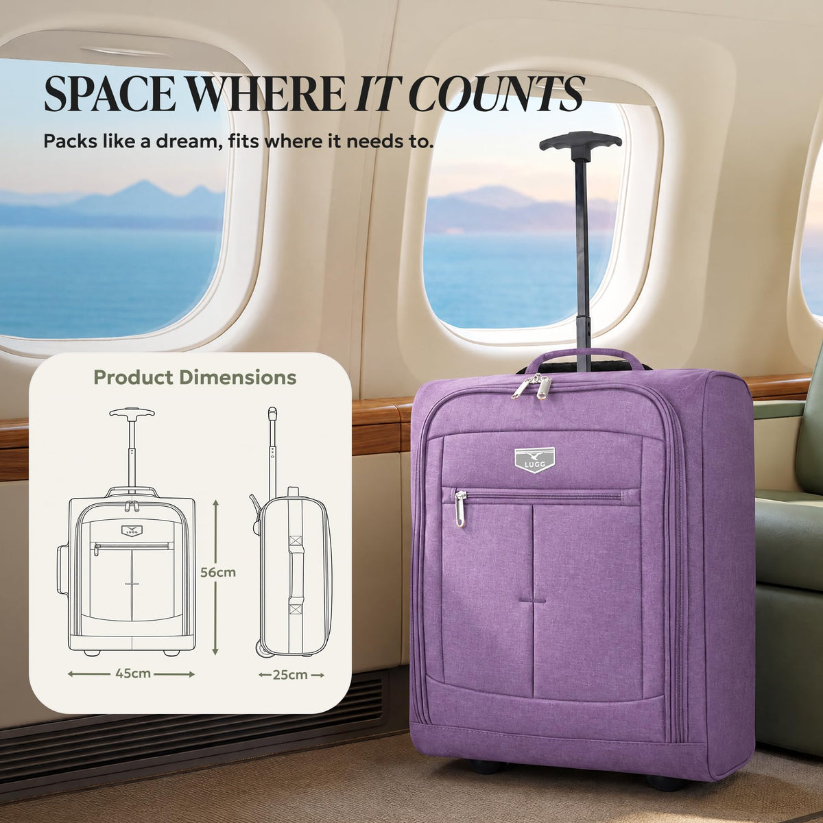 LUGG Lightweight Cabin Luggage, 600D Polyester, Solid Wheels, 45x36x20cm