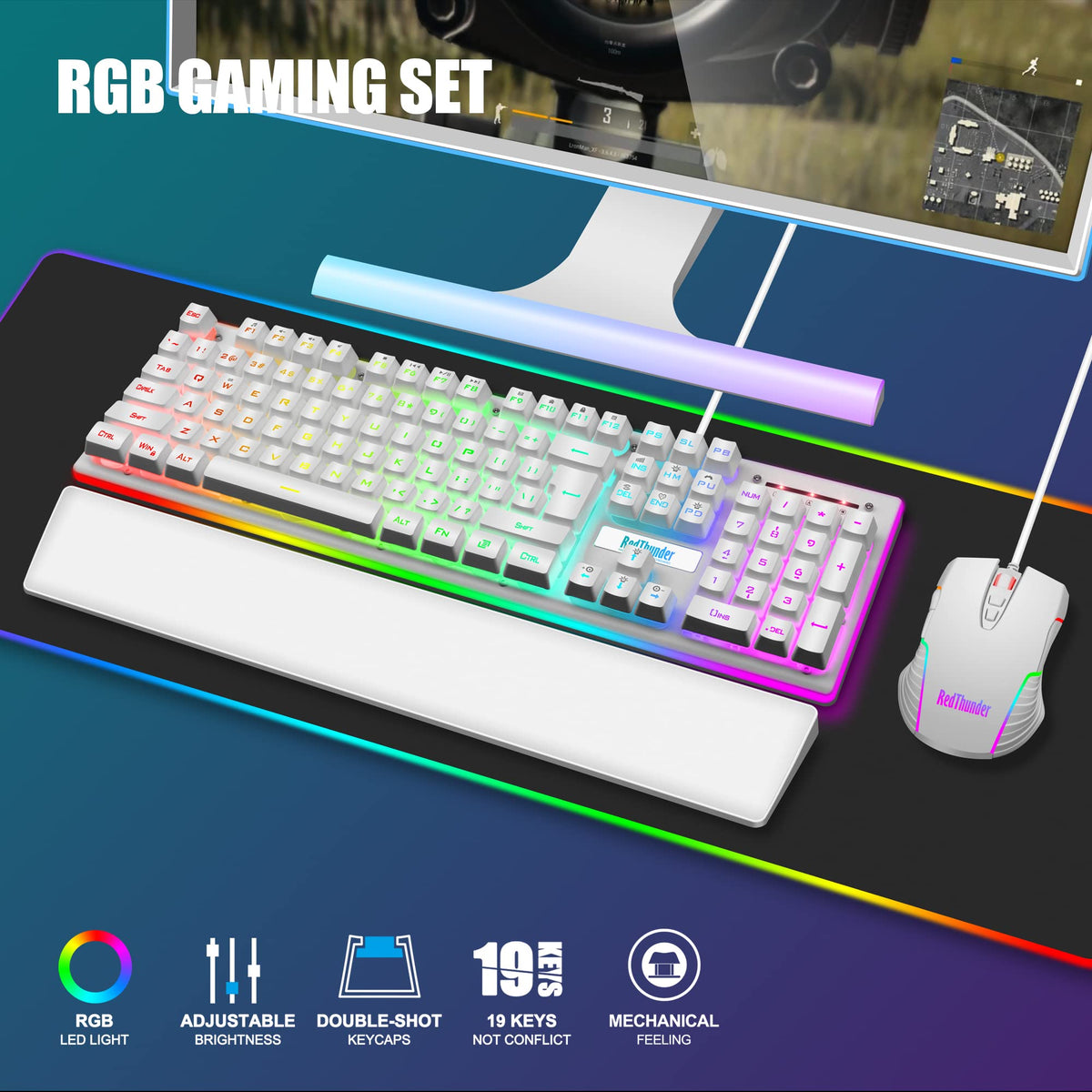 RedThunder K10 Wired Gaming Keyboard and Mouse Combo, UK Layout, True RGB Backlight, Soft Leather Wrist Rest, Ergonomic Anti-Ghosting Keyboard + 7D 7200 DPI Mouse for PC Mac (Gradient Gray)