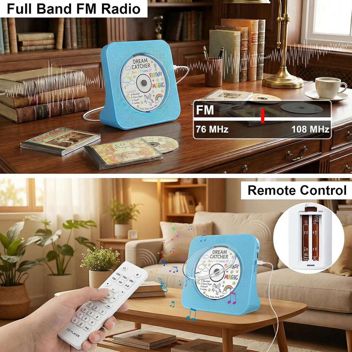 Portable CD Player with Bluetooth, Gueray Desktop CD Players for Home, Bulit-in Double HiFi Speakers, AUX&Headphone Jack, FM Radio Boombox with Remote Control, USB Port,LCD Display (Blue)