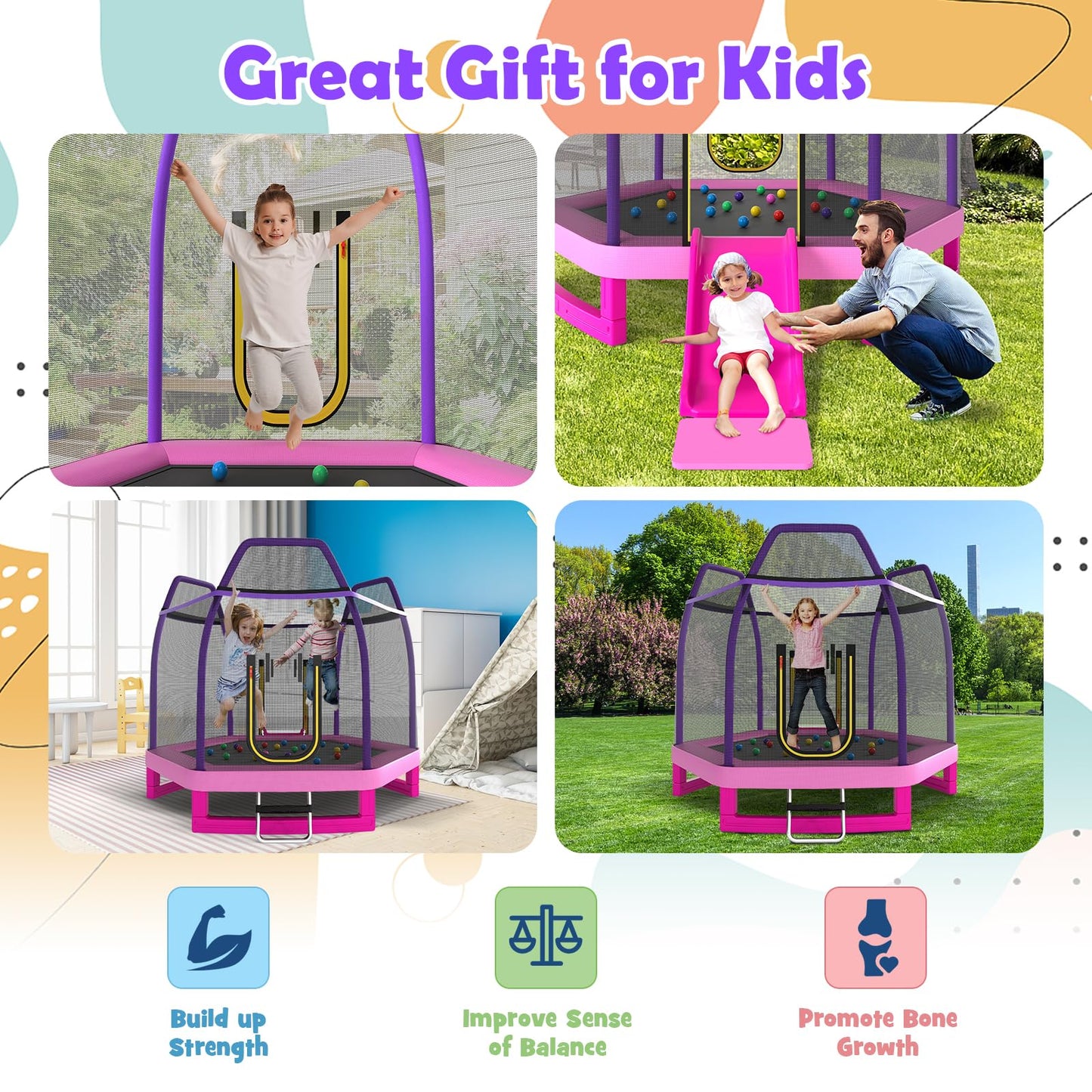 COSTWAY 7ft Kids Trampoline, Hexagonal Trampolines with Slide, Ladder, Safety Enclosure Net and Ocean Balls, Toddler Jumping House for Indoor Outdoor